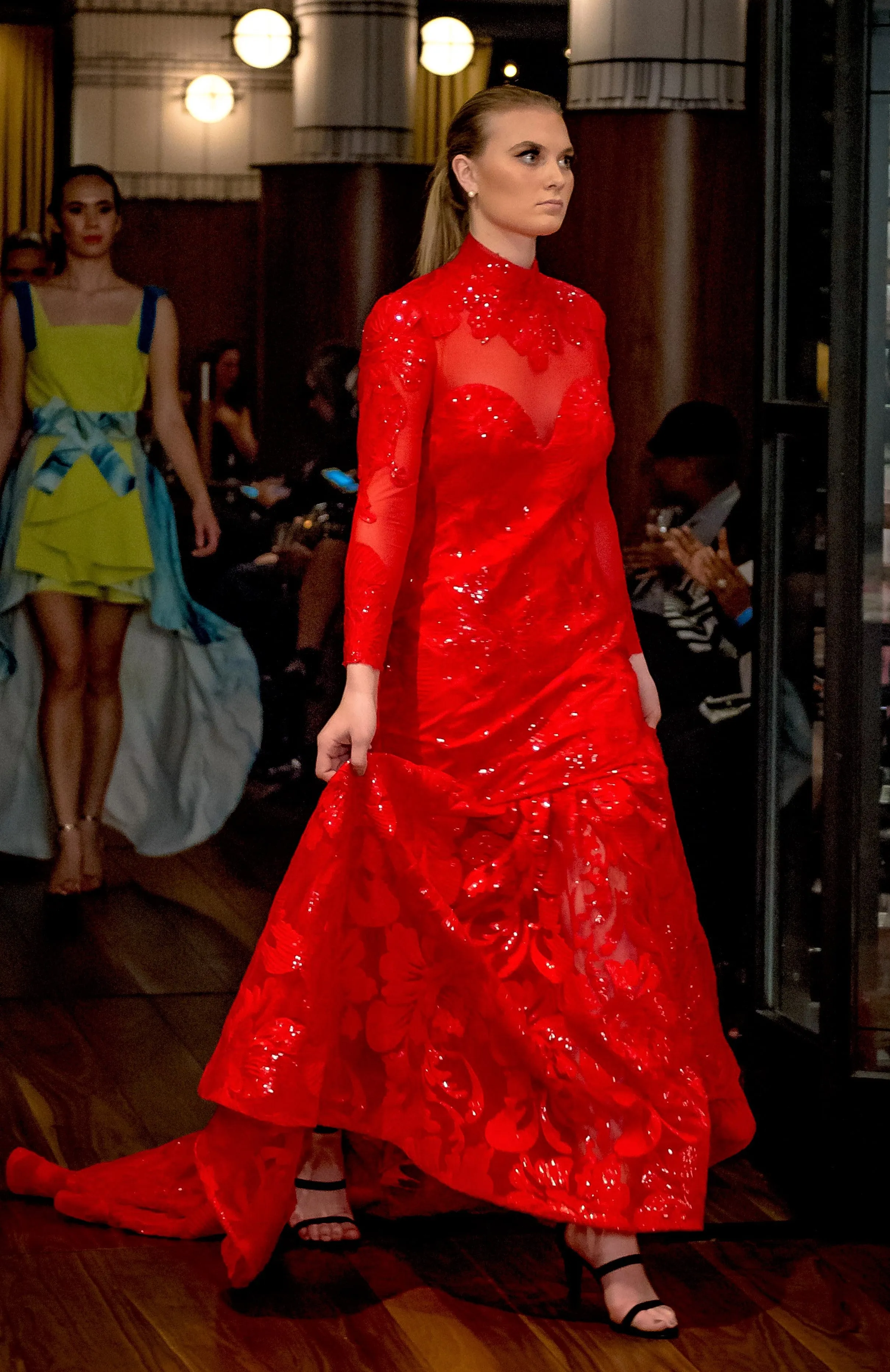 LOVINA Red Sequin Long Sleeve Mermaid Haute Couture Evening Gown