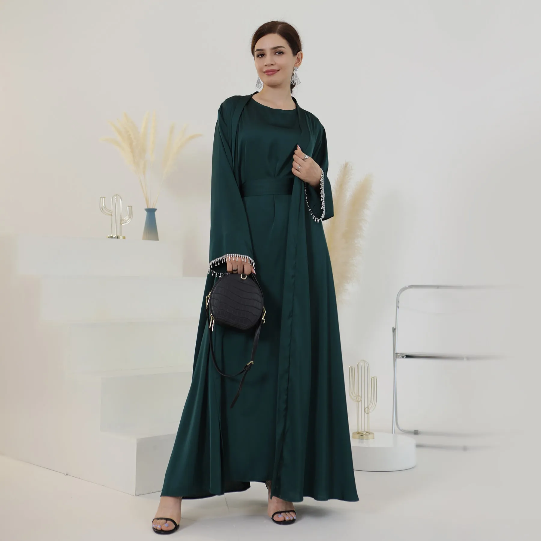 LR627 LR635 Amazon Dubai Spring and Summer Daily Solid Color Bead Suit Dress Robe