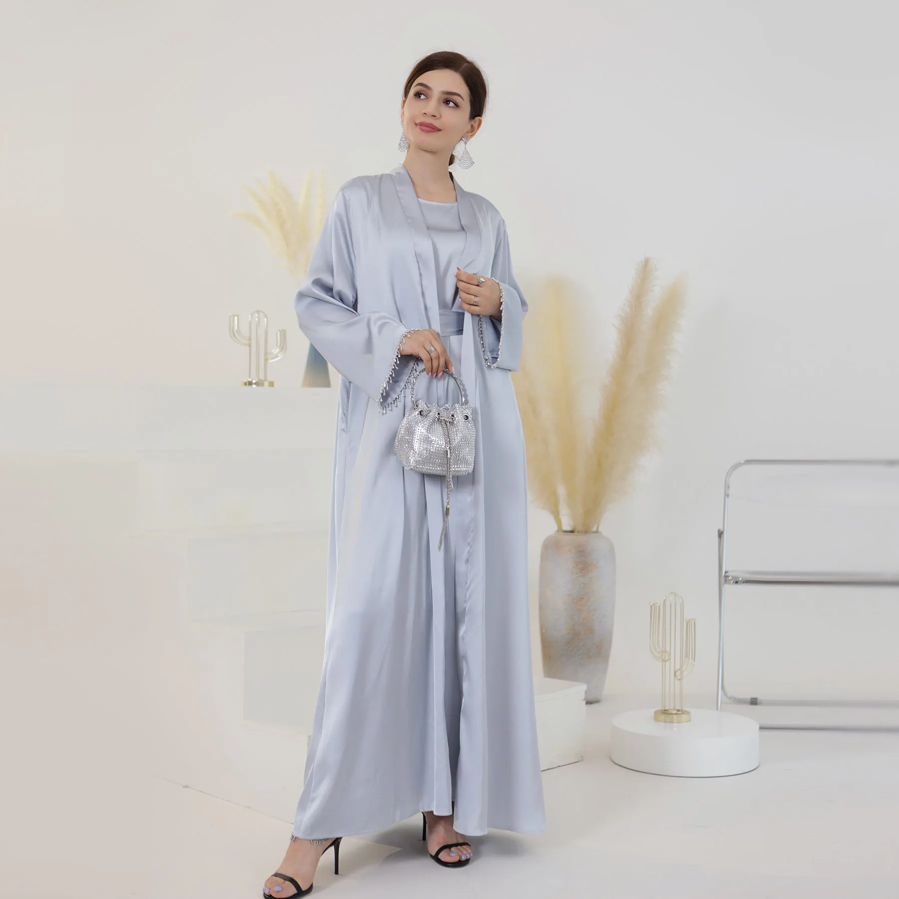 LR627 LR635 Amazon Dubai Spring and Summer Daily Solid Color Bead Suit Dress Robe