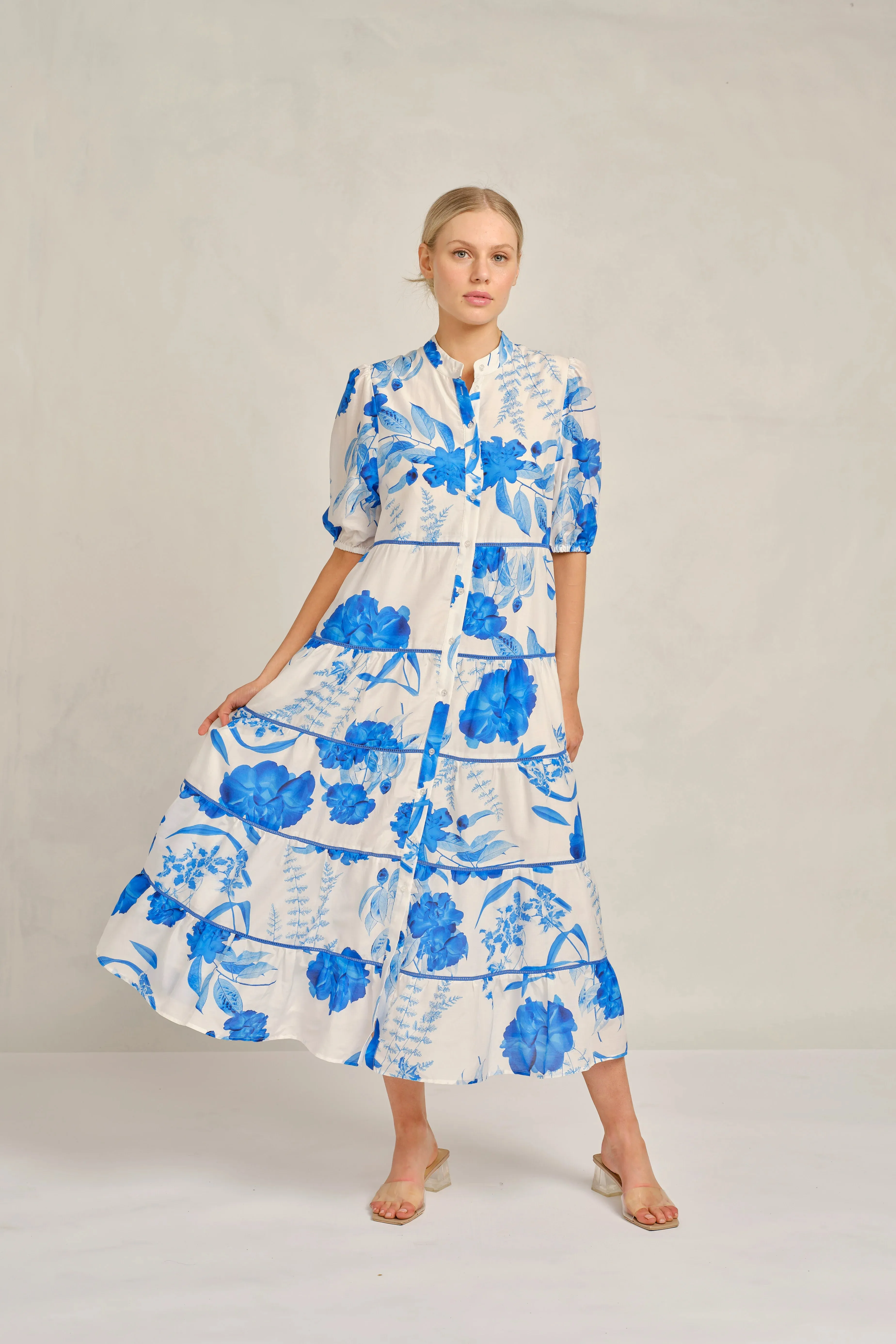 Martina Linen Broderie Dress - Bluebell Posy