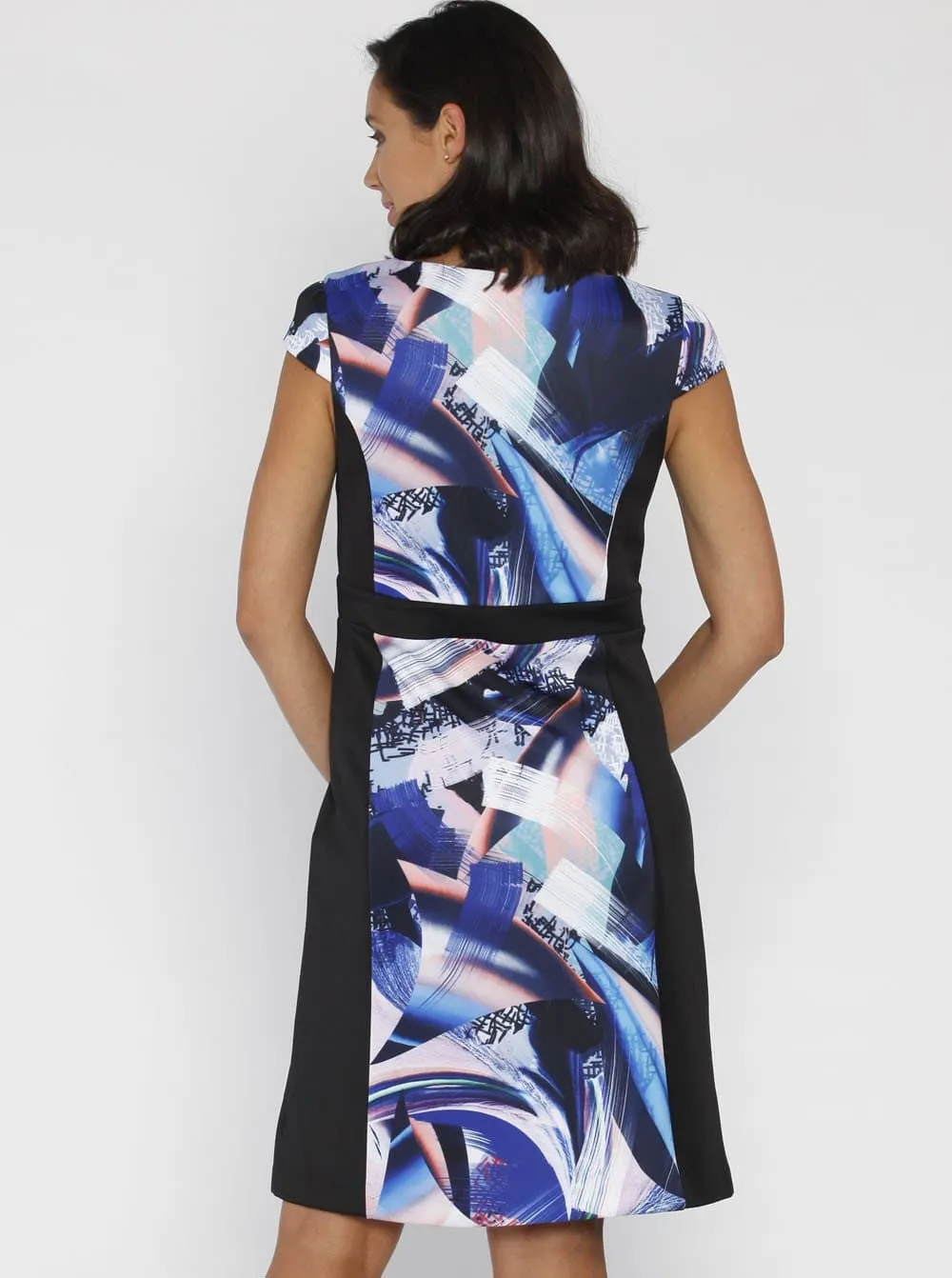 Maternity Illusion Panels Dress in Black & Blue Print