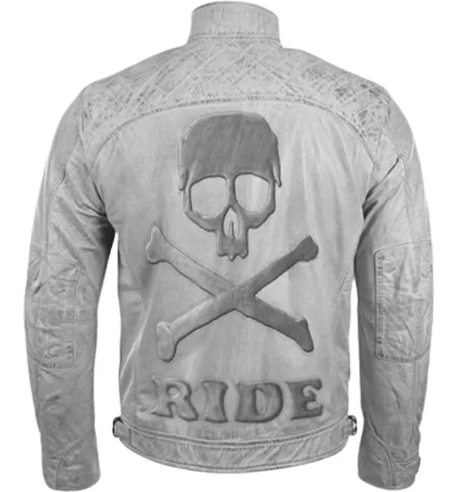 Men’s Biker Vintage Distressed White Leather Jacket with Embossed Skull