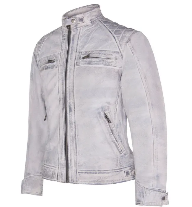 Men’s Biker Vintage Distressed White Leather Jacket with Embossed Skull