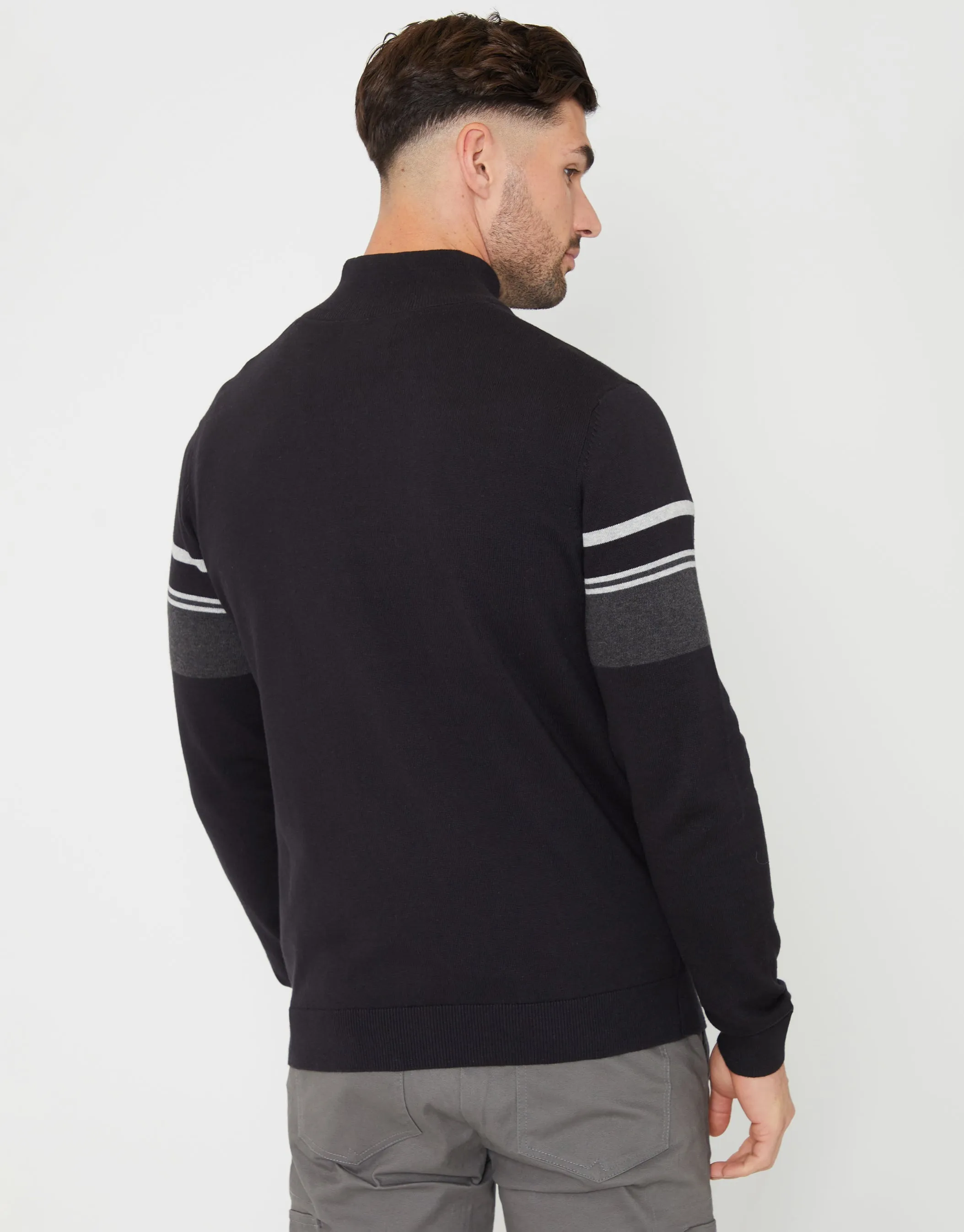 Men's Black Colourblock Quarter Zip Knitted Jumper