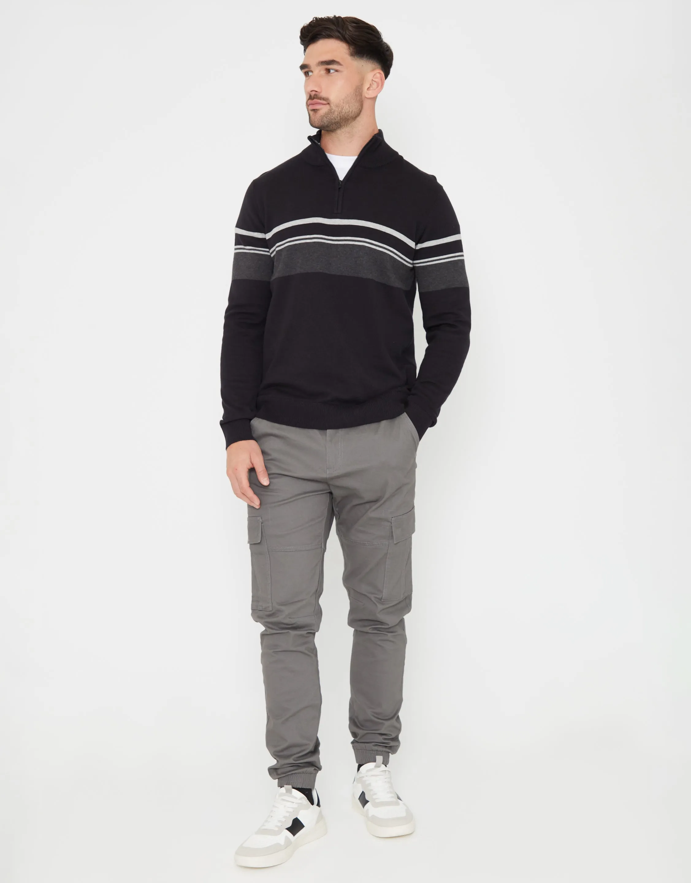 Men's Black Colourblock Quarter Zip Knitted Jumper