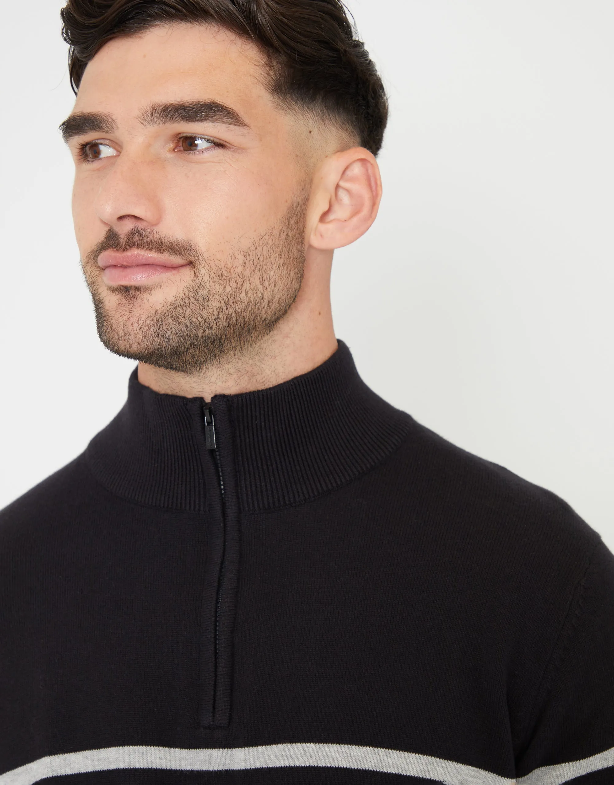 Men's Black Colourblock Quarter Zip Knitted Jumper