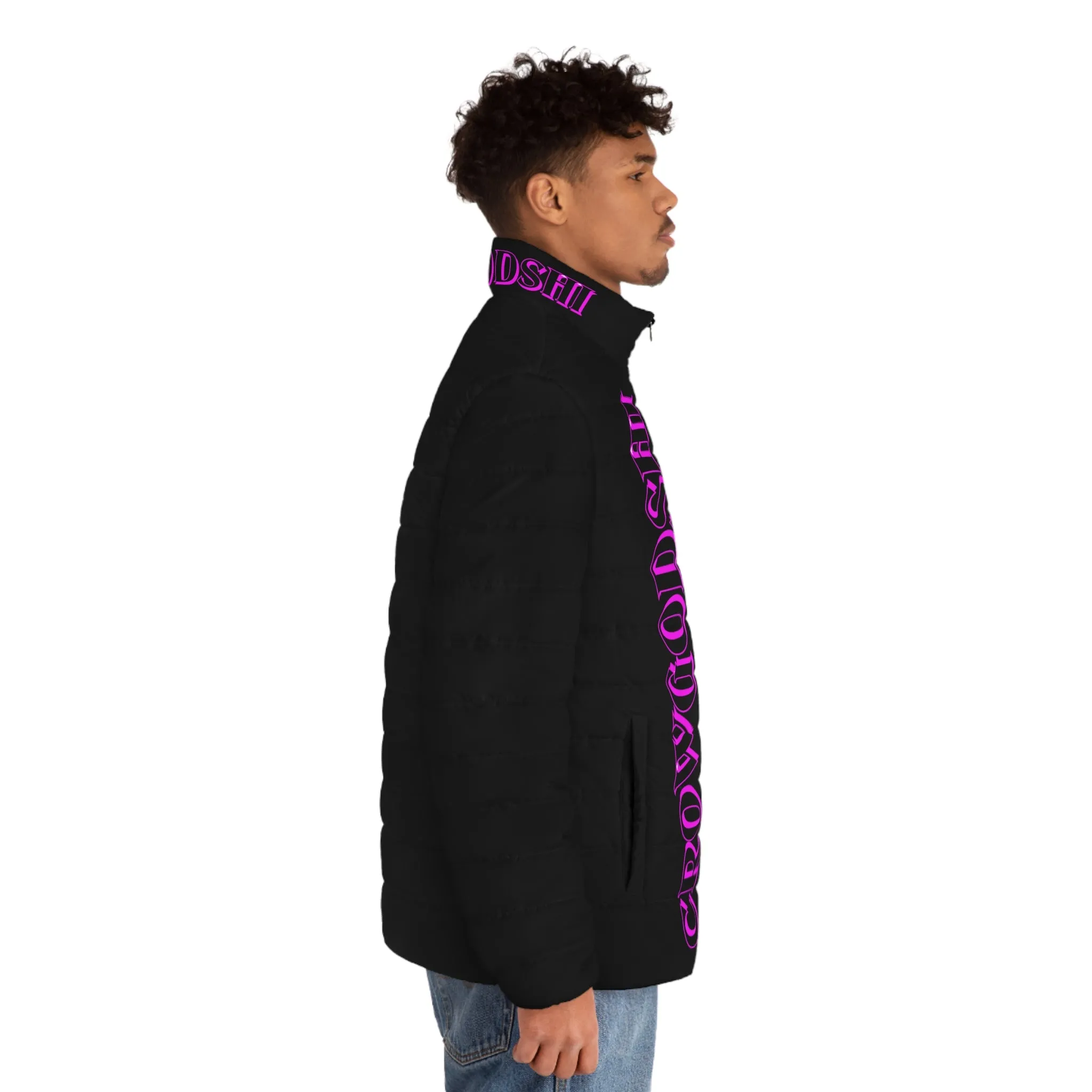 Men's CROWGODSHI 2nd GEN Puffer Jacket, BLACK W/ PINK LOGO