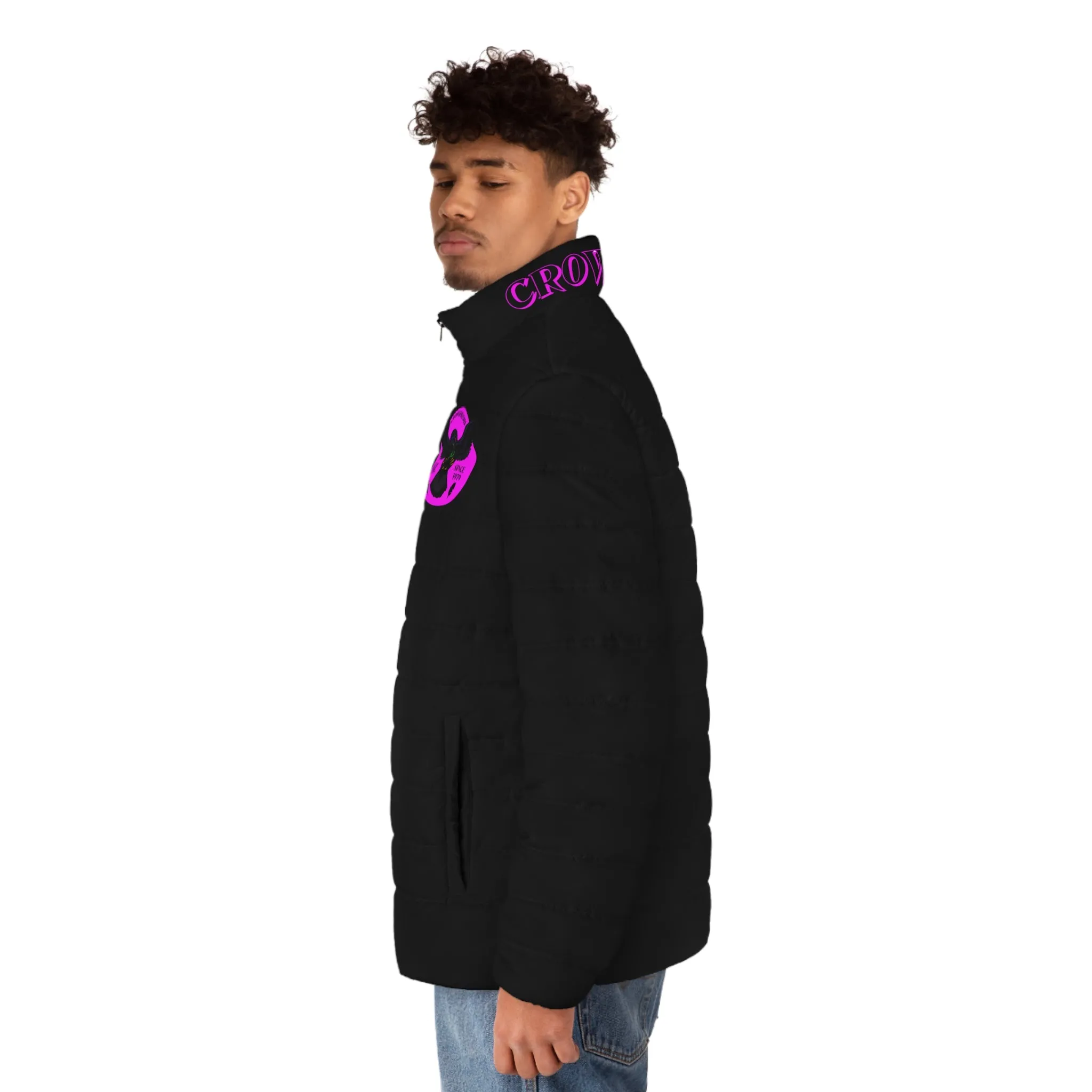 Men's CROWGODSHI 2nd GEN Puffer Jacket, BLACK W/ PINK LOGO