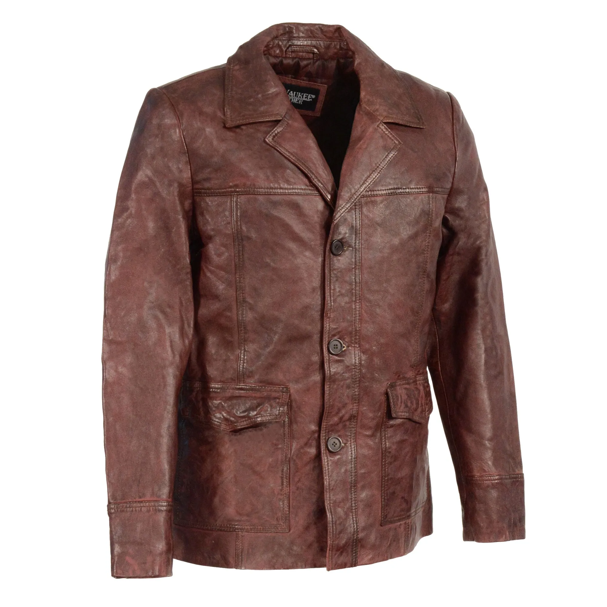 Men's Leather Car Coat Jacket w/ Button Front