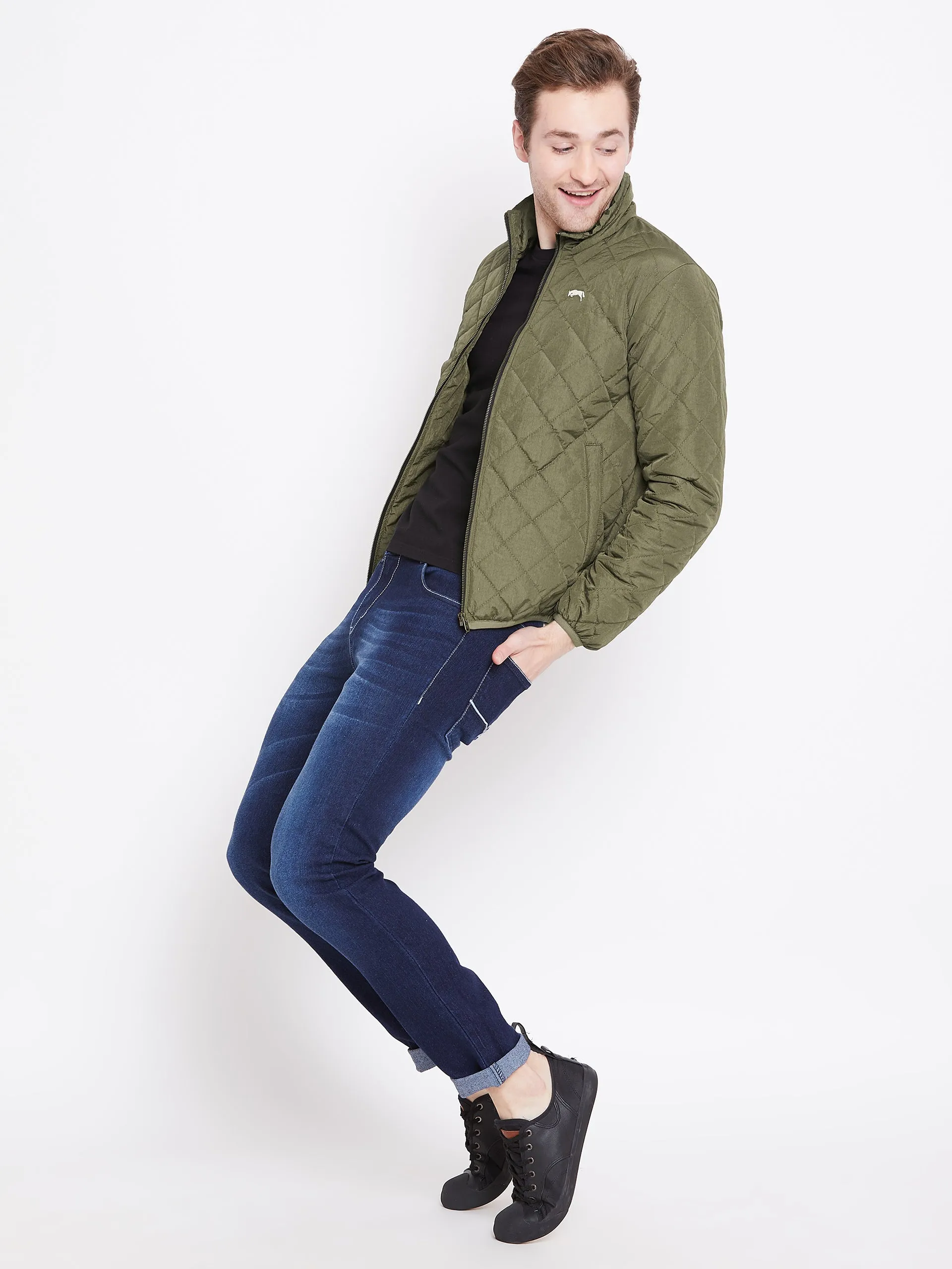 Mens Solid Military Olive Quilted Jacket