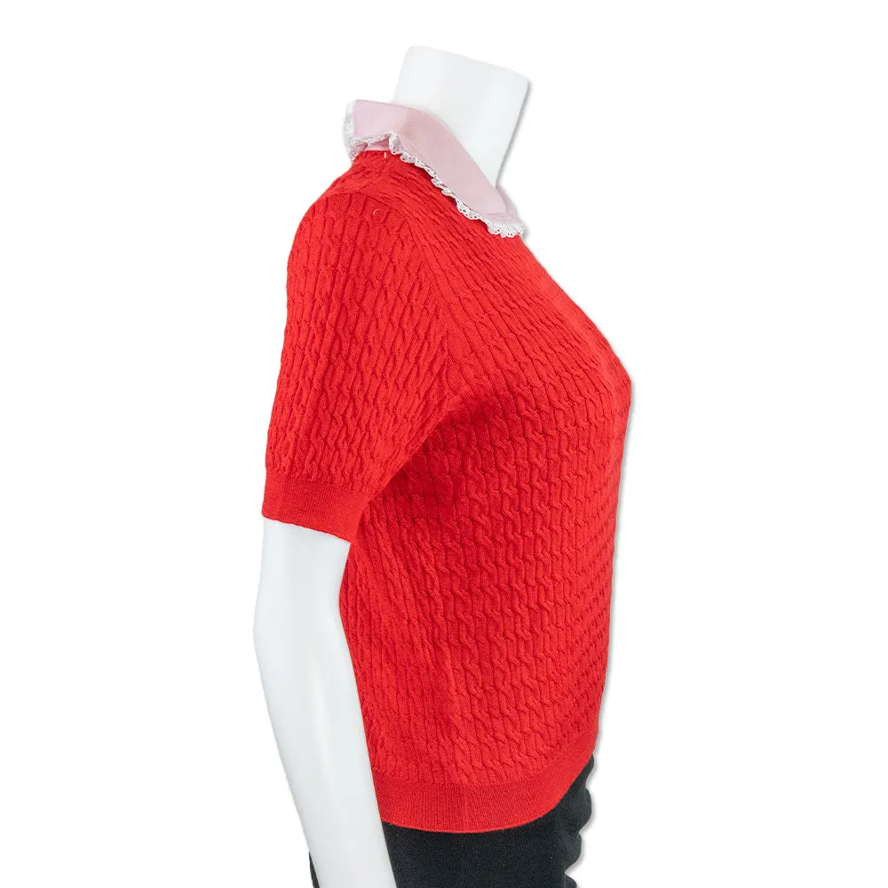 Miu Miu Red Cable Knit Tee with a Lace Trimmed Collar