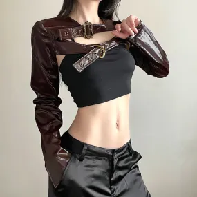 Moto Style Brown Buckle Metal Leather Jacket Smock Top Super Short Streetwear Retro Autumn Coat Female PU Jackets New