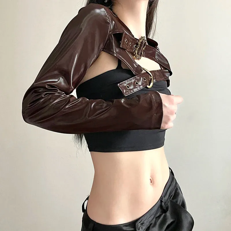 Moto Style Brown Buckle Metal Leather Jacket Smock Top Super Short Streetwear Retro Autumn Coat Female PU Jackets New