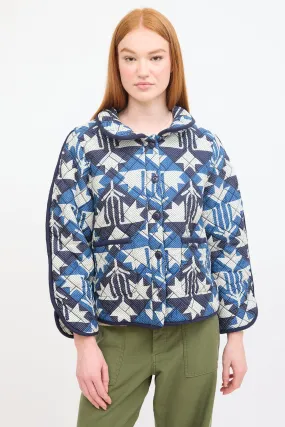 Navy & White Cotton Printed Quilted Jacket