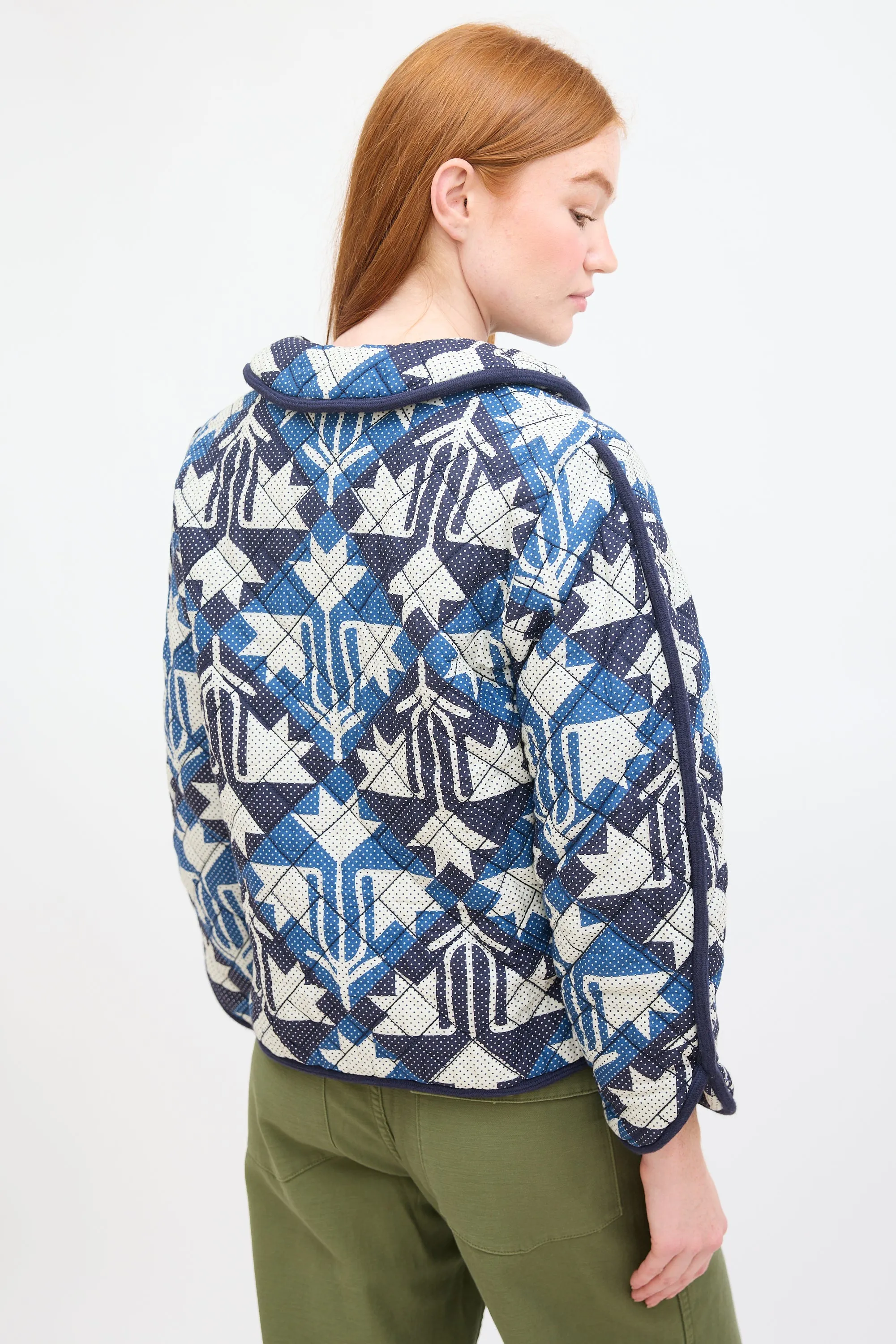 Navy & White Cotton Printed Quilted Jacket