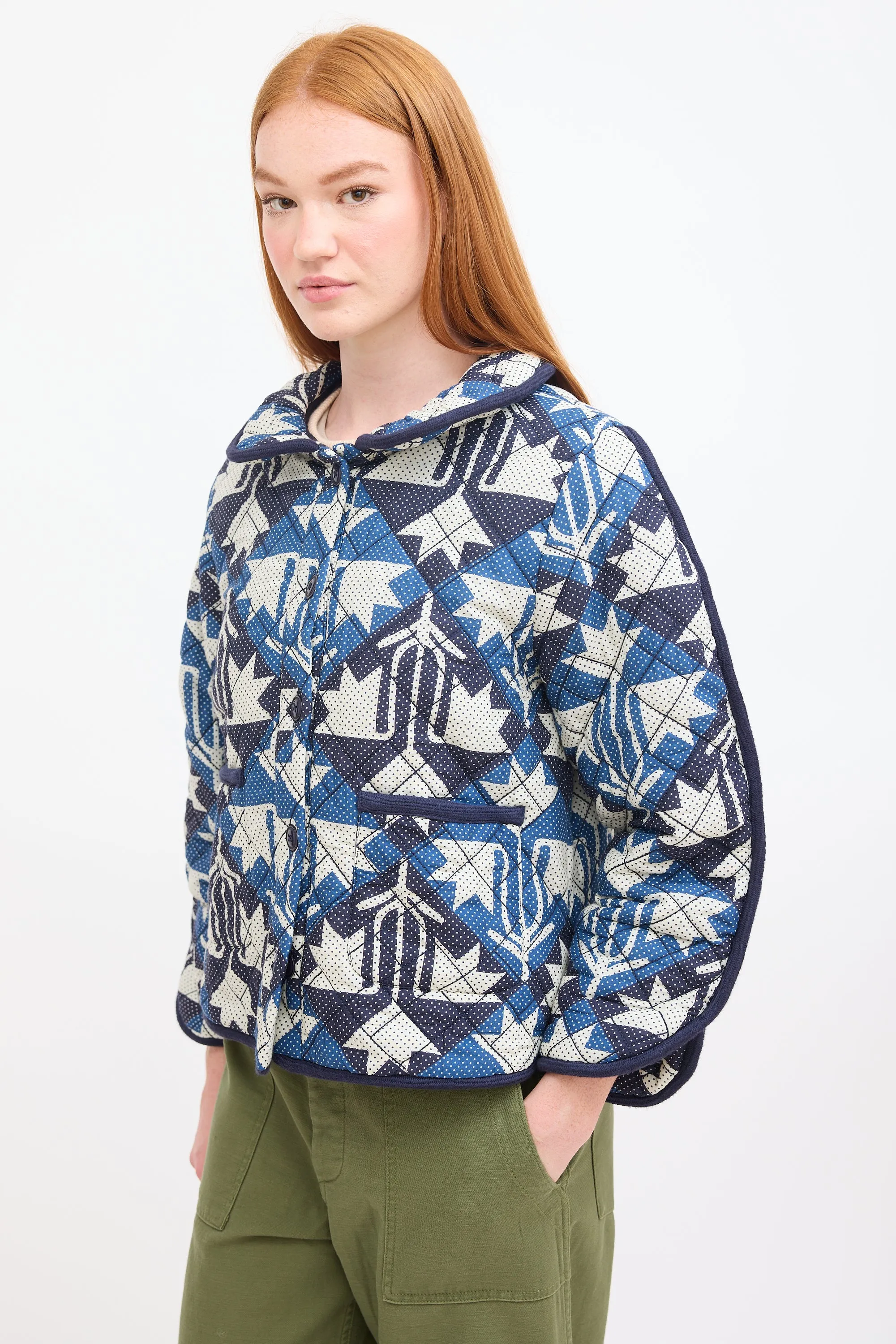 Navy & White Cotton Printed Quilted Jacket