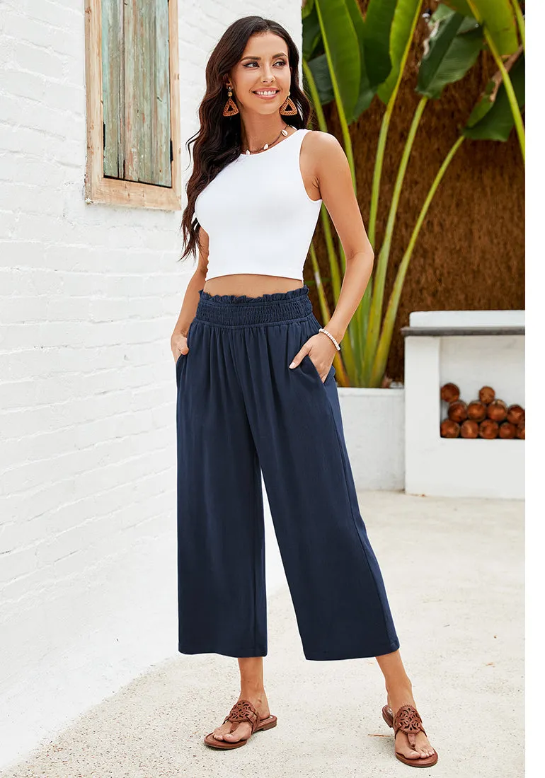 Navy Blue Women's High Waisted Wide Leg Elastic Waist Linen Palazzo Pants Pull On Smock Waist Baggy Fit Trousers