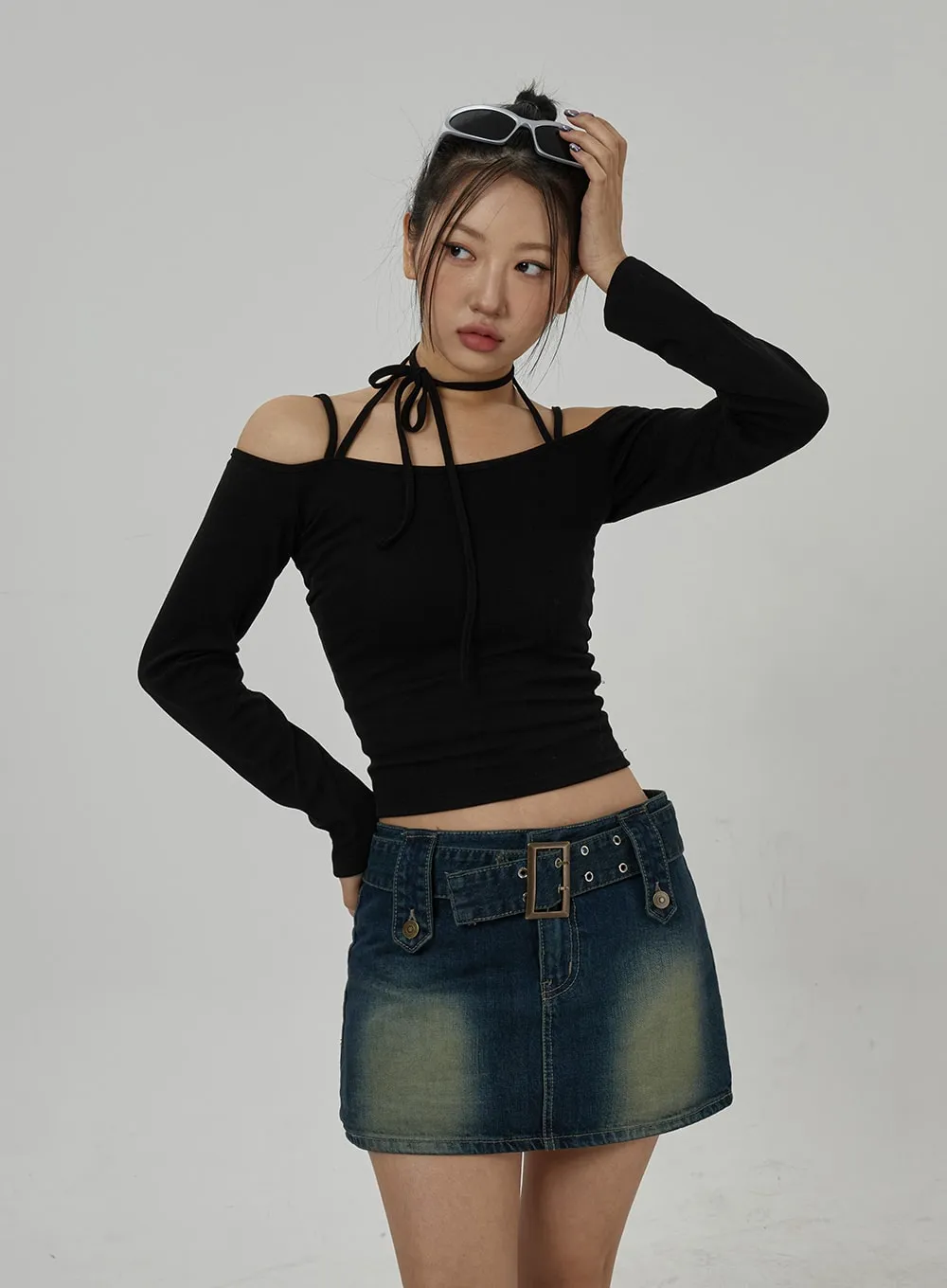 Neck Ribbon Detail Long Sleeve Cropped Top CD21