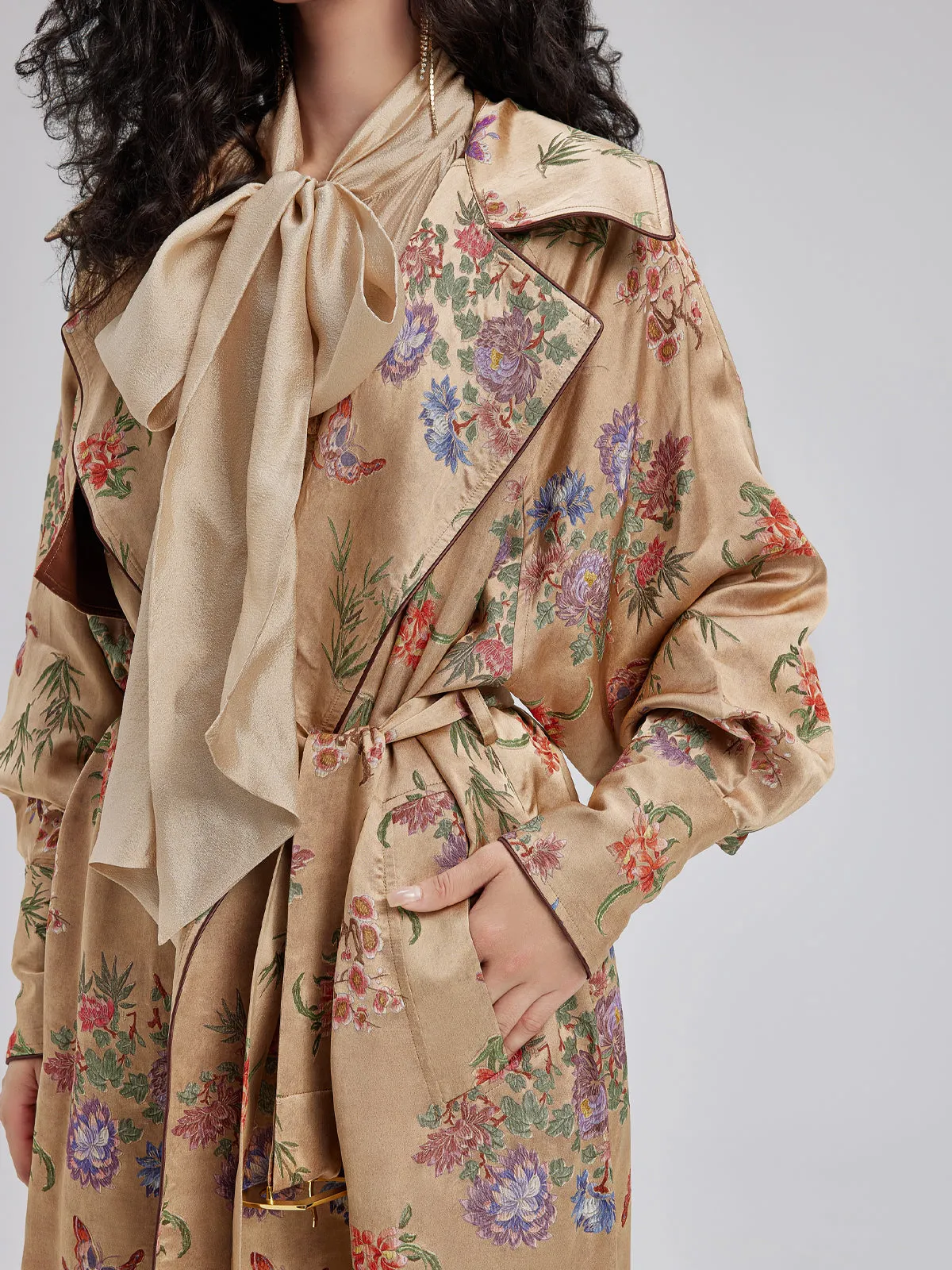 Neo Chinese Style Silk Print Trench Coat