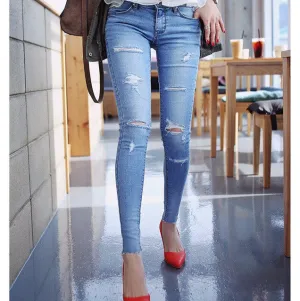 New Fashion 2015 Blue Wash Skinny Hole Jeans Women Plus Size Thin Elastic Slim Ripped Jeans For Women Pencil Pant 26-31