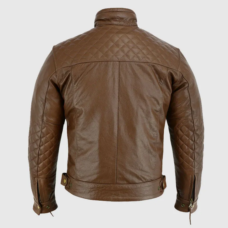 New High Quality Mens's Brown Motorbike Motorcycle Diamond Leather Jacket CE Protection Cowhide