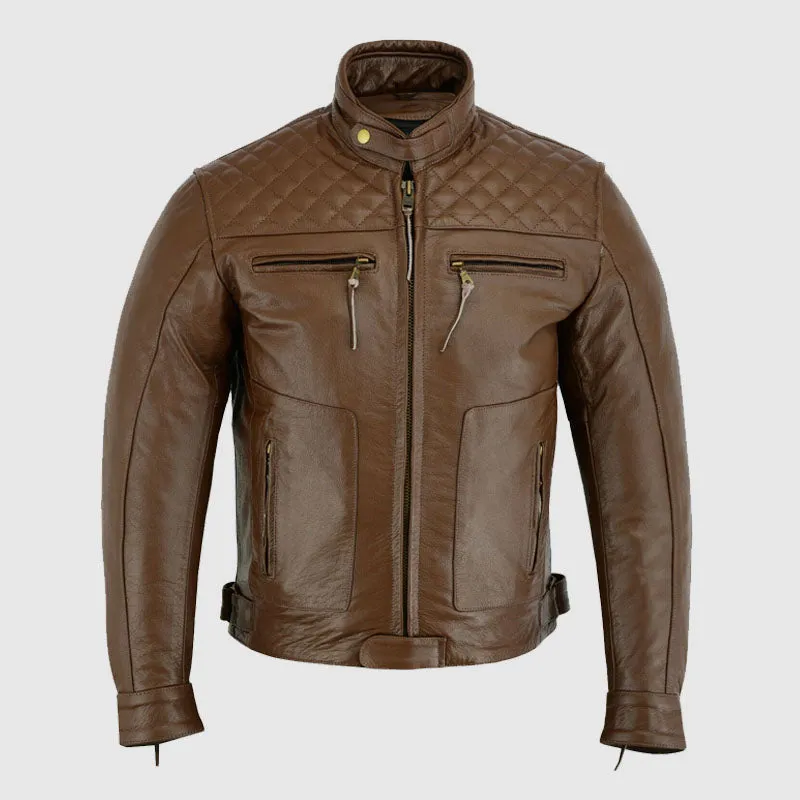 New High Quality Mens's Brown Motorbike Motorcycle Diamond Leather Jacket CE Protection Cowhide