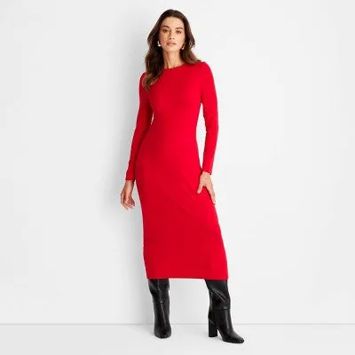 New - Women's Long Sleeve Ribbed Midi Bodycon Dress - A New Day Burgundy M