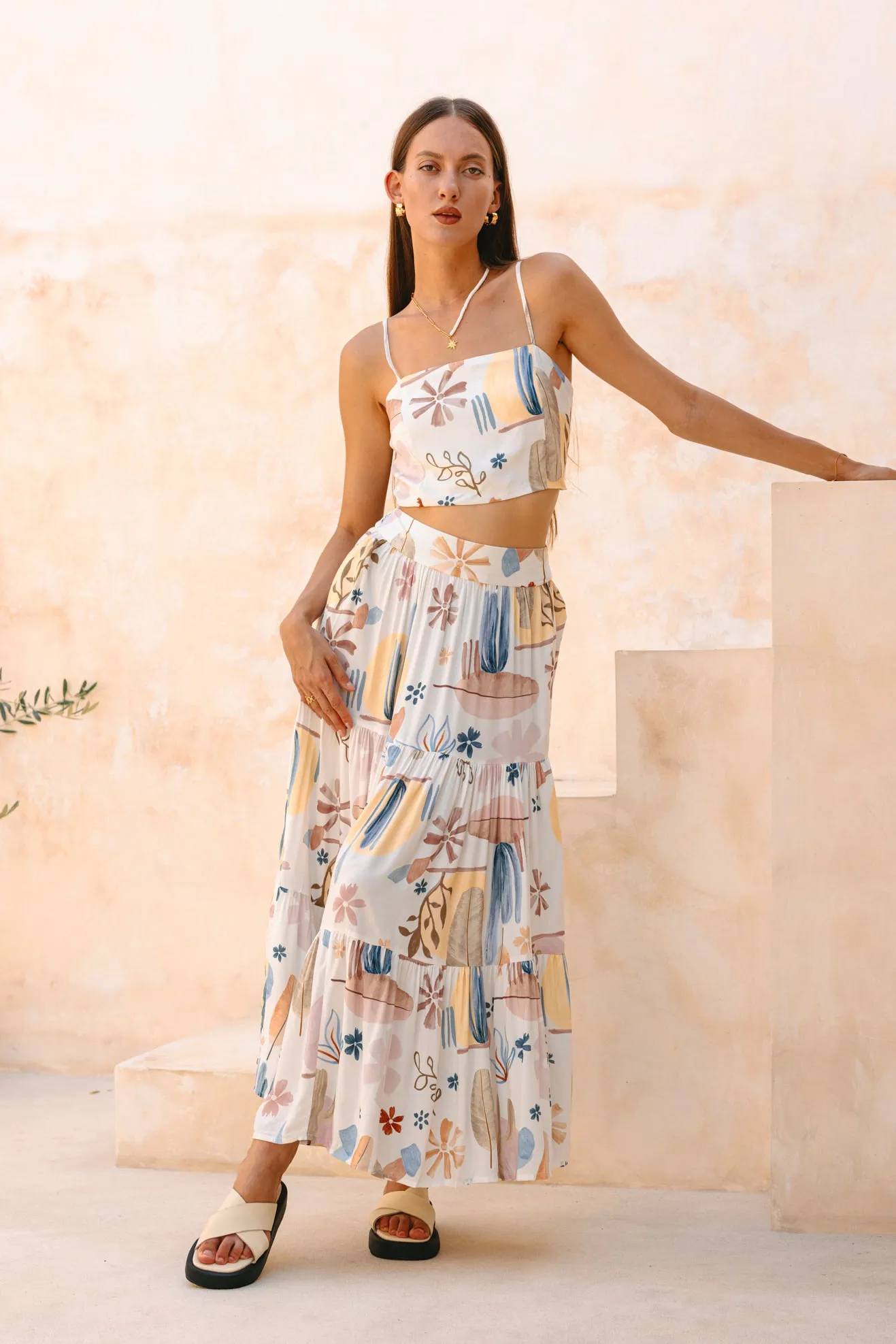 Nyra White Abstract Tiered Maxi Skirt