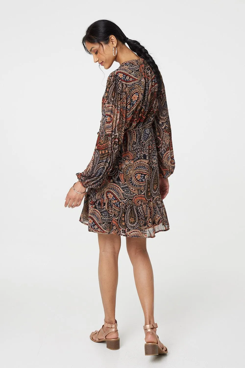 Paisley Print Tie Waist Short Dress