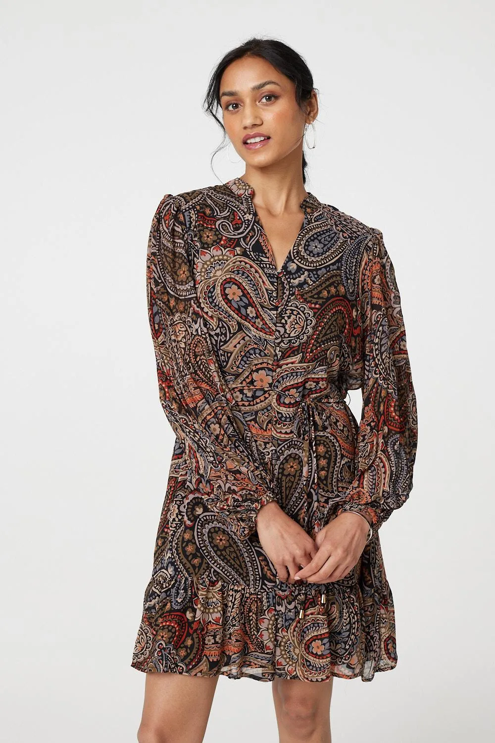 Paisley Print Tie Waist Short Dress