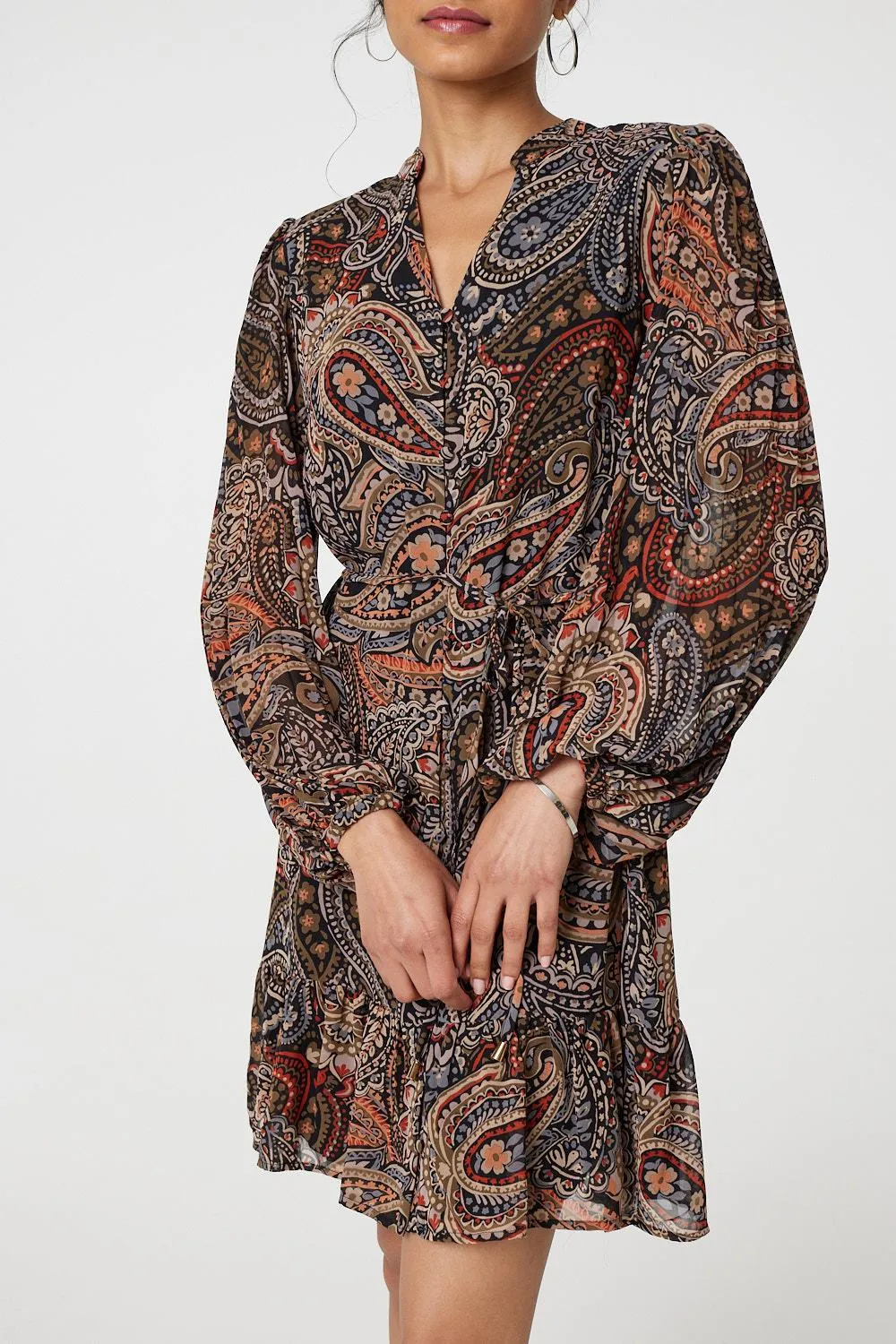 Paisley Print Tie Waist Short Dress