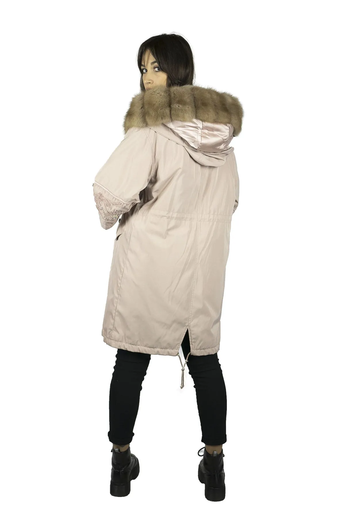 Parka with pink mink interior with hood and sable border