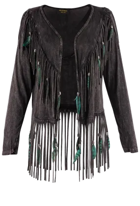 Pat Dahnke Short Feather Fringe Shawl Jacket - Black