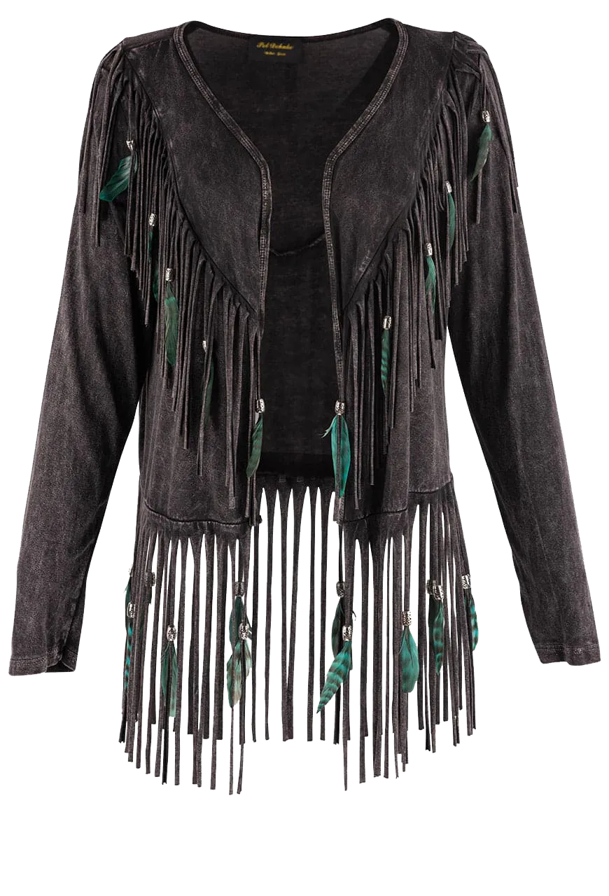 Pat Dahnke Short Feather Fringe Shawl Jacket - Black