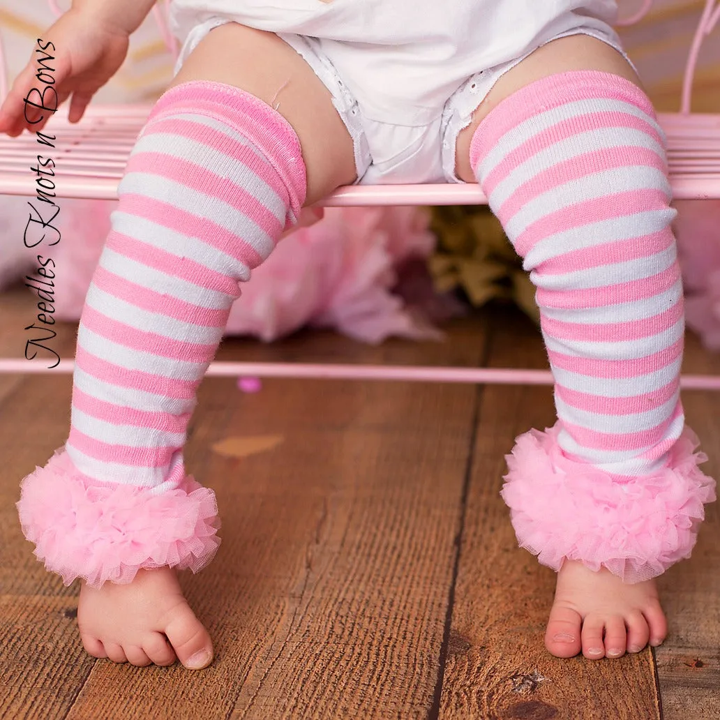 Pink & White Striped Ruffled Leg Warmers, Baby Toddler