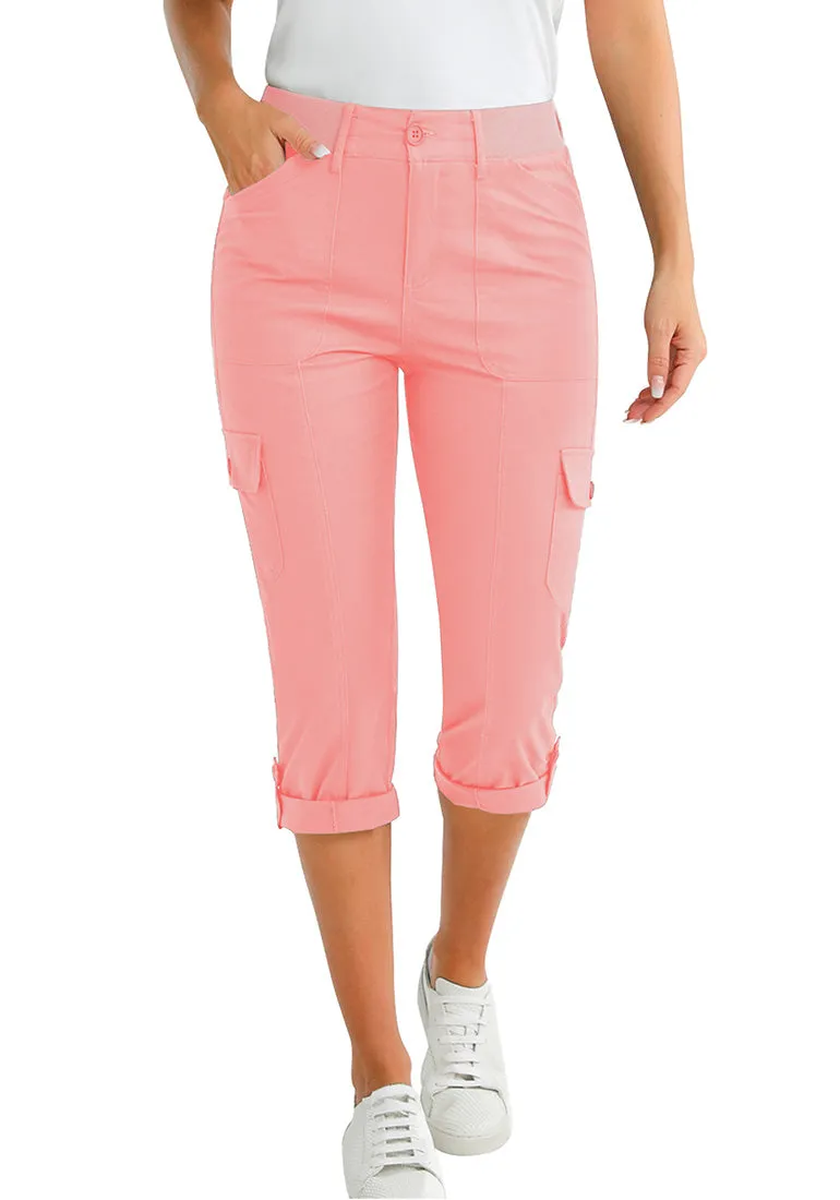 Pink Women's High Wasited Cargo Pants Cuffed Hem Elastic Waist Capri Pants With Pockets