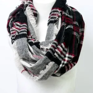 Plaid Frayed Infinity Scarf-Black