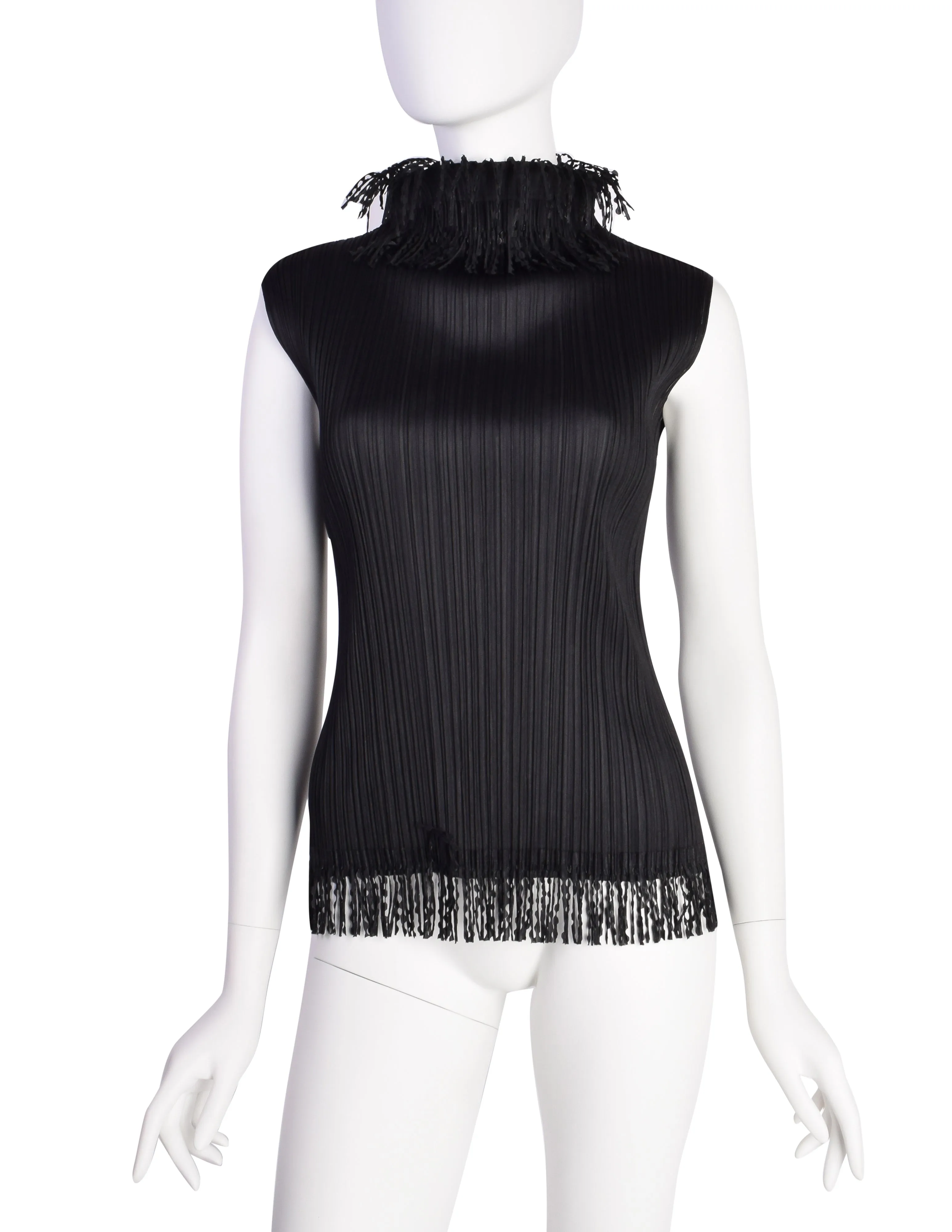 Pleats Please by Issey Miyake Vintage Black Pleated Fringe Trim Tank Top