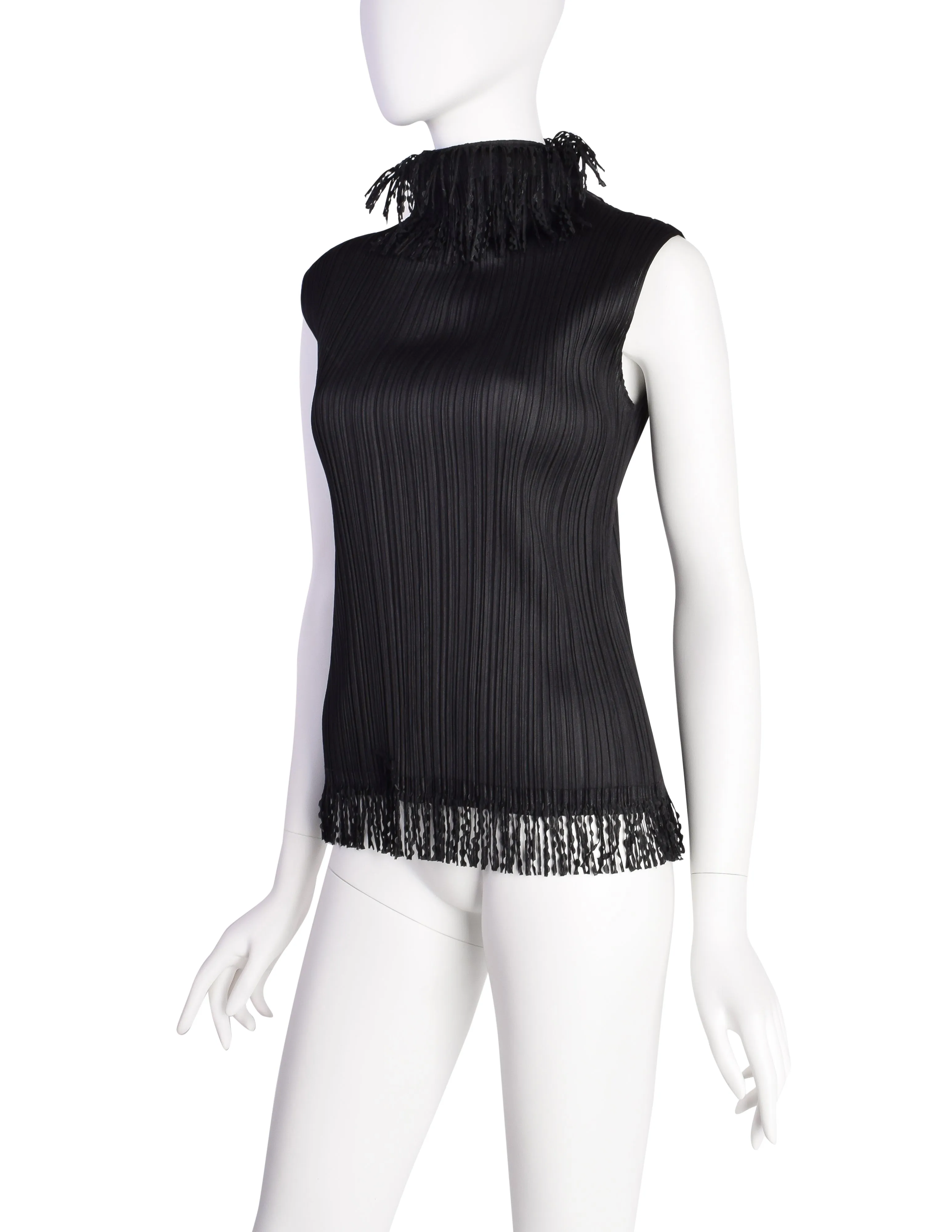 Pleats Please by Issey Miyake Vintage Black Pleated Fringe Trim Tank Top