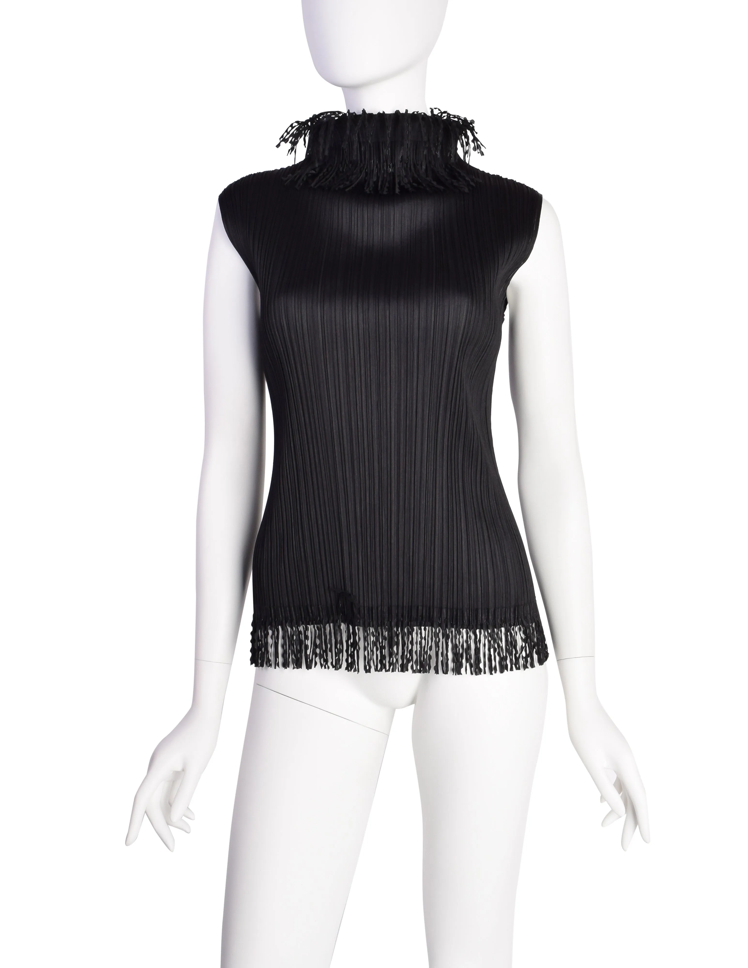 Pleats Please by Issey Miyake Vintage Black Pleated Fringe Trim Tank Top