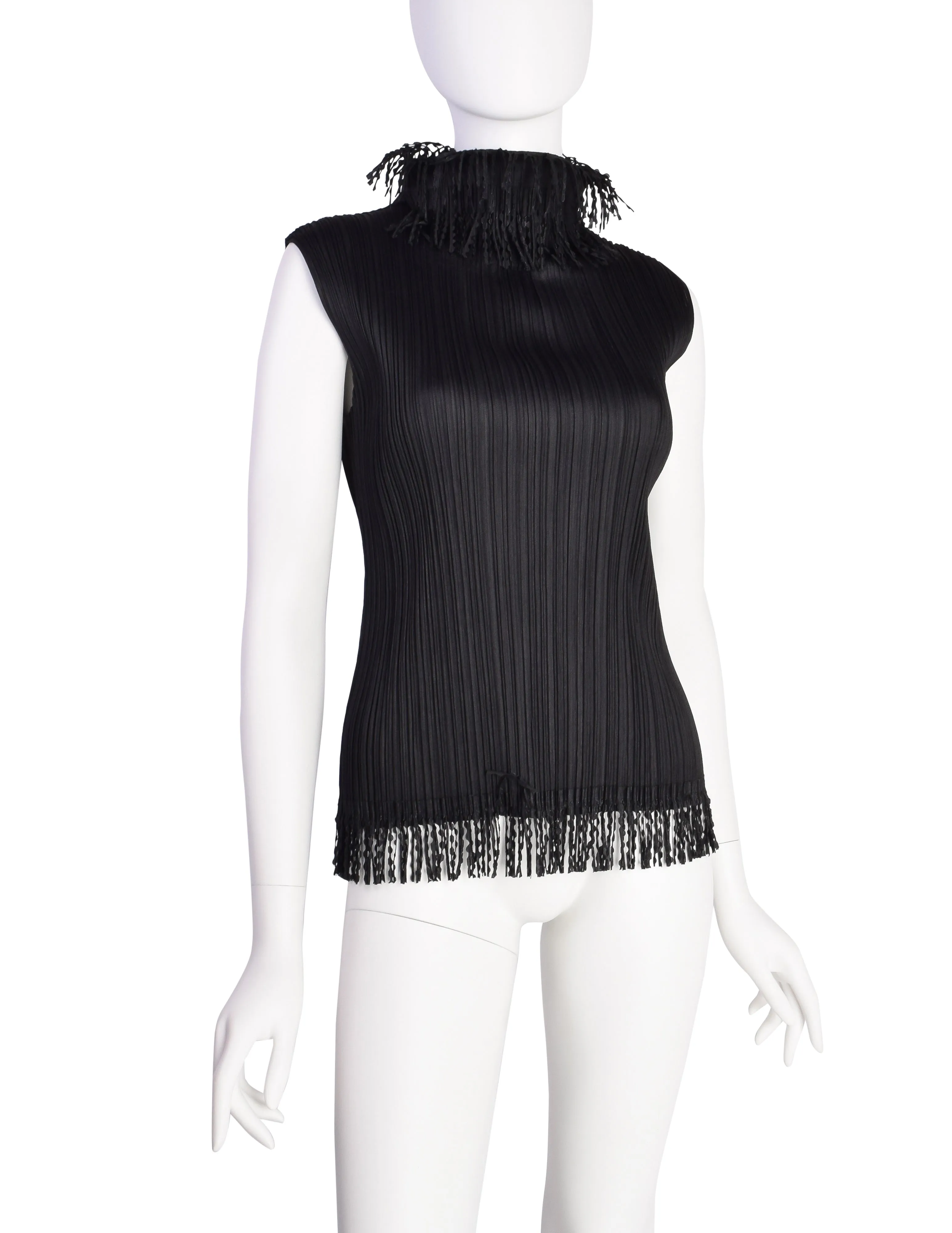 Pleats Please by Issey Miyake Vintage Black Pleated Fringe Trim Tank Top