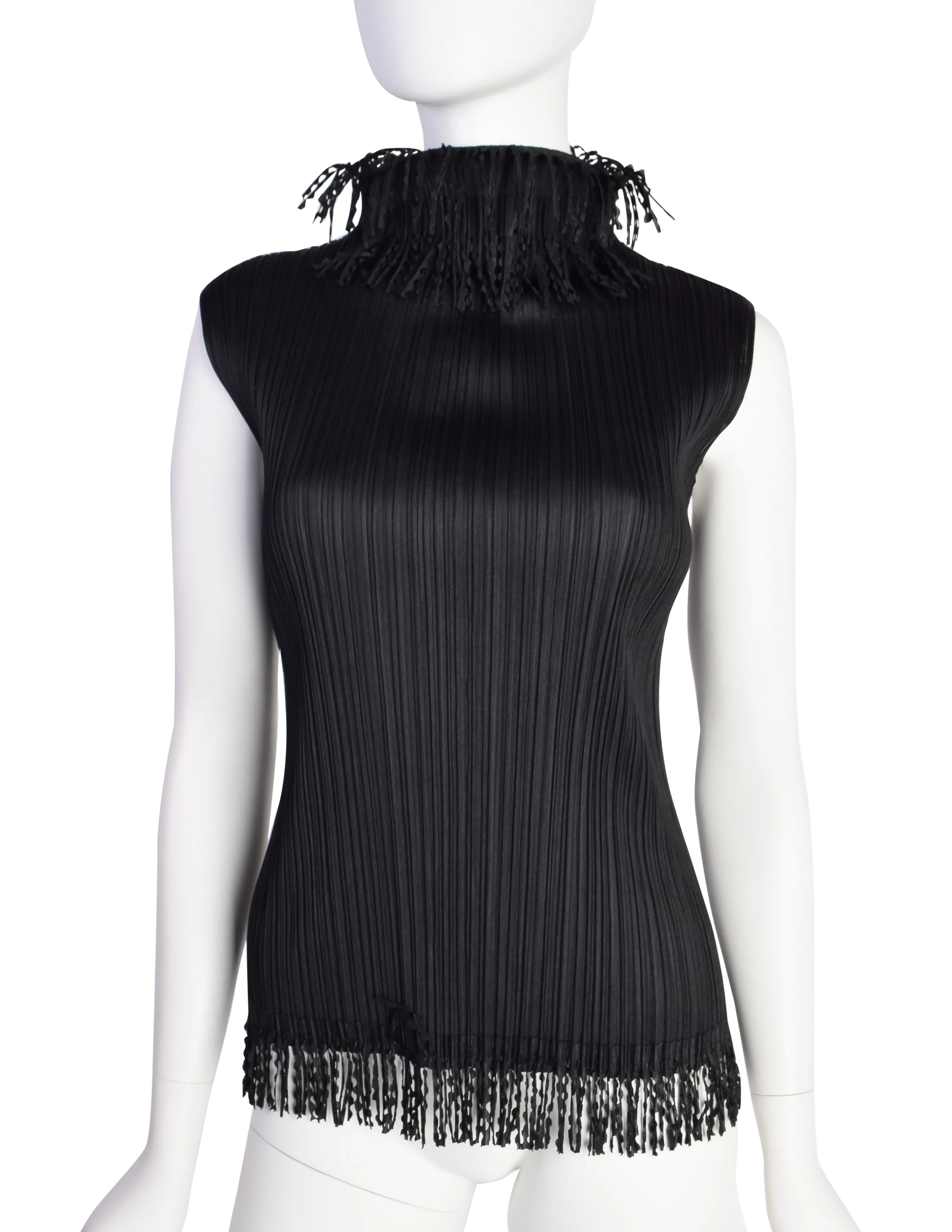 Pleats Please by Issey Miyake Vintage Black Pleated Fringe Trim Tank Top