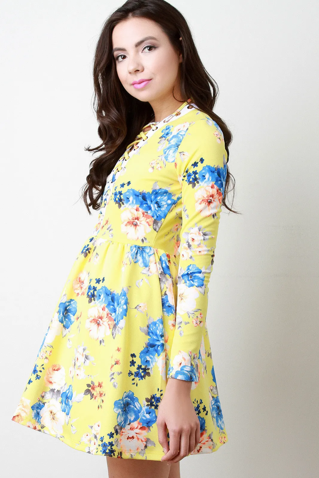 Plunging V Laced Floral Print Longsleeve Dress