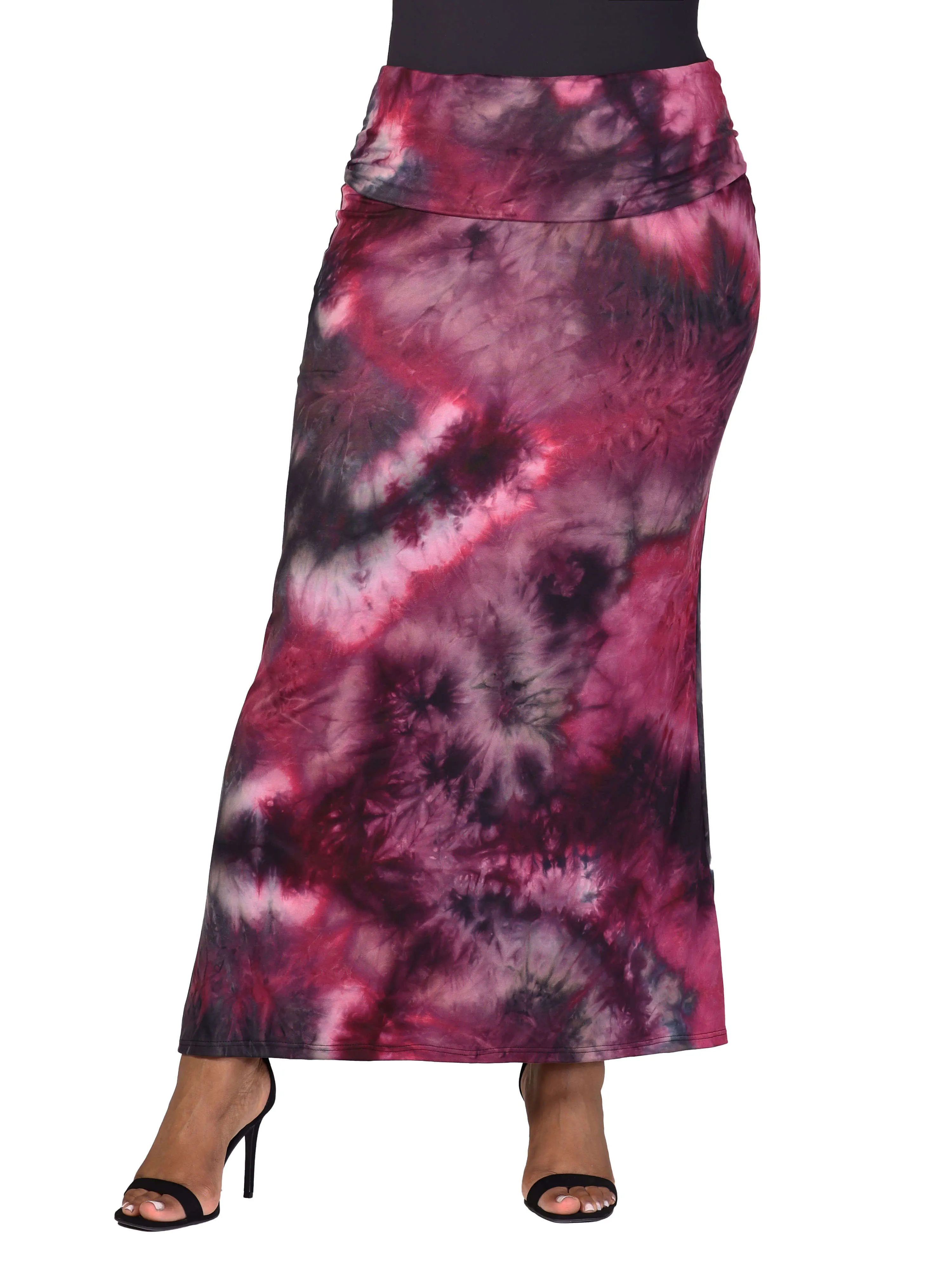 Plus Size Pink Tie Dye Fold over Waist Maxi Skirt