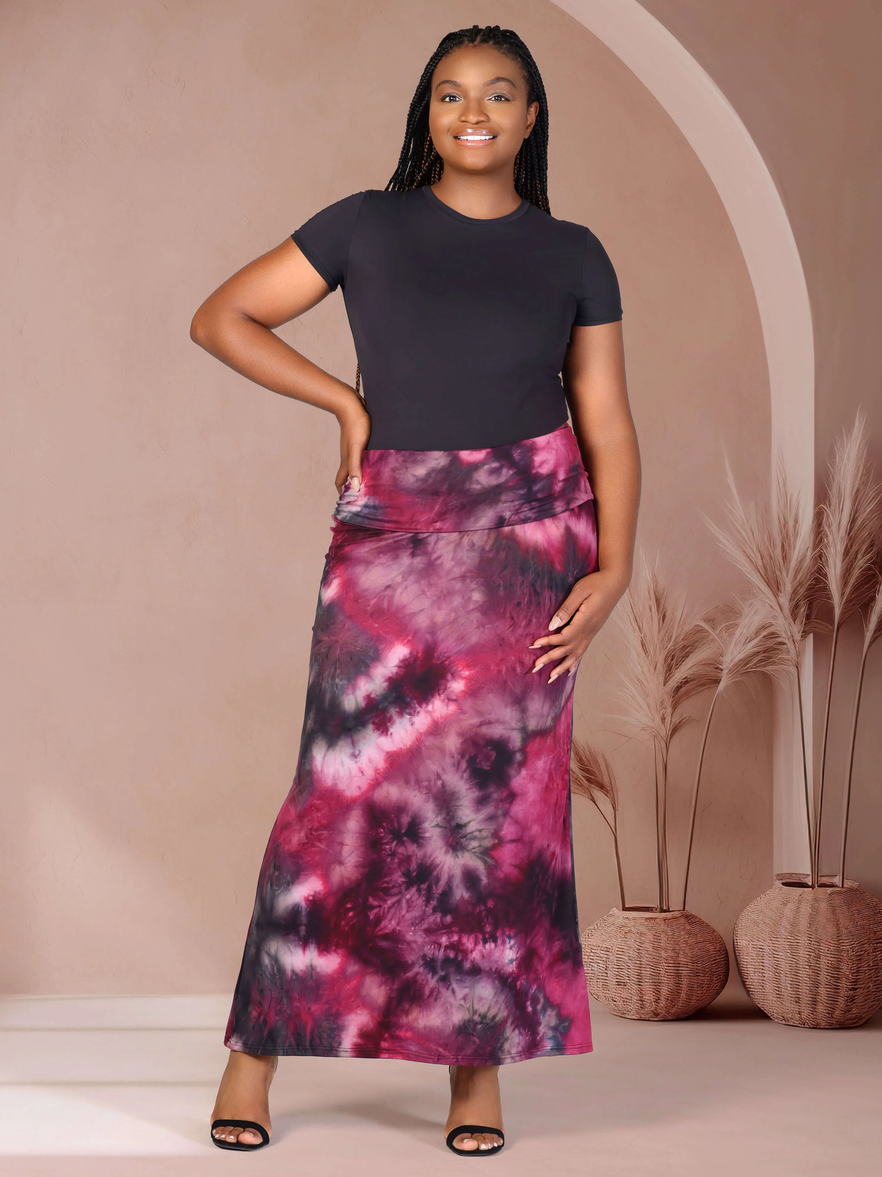 Plus Size Pink Tie Dye Fold over Waist Maxi Skirt