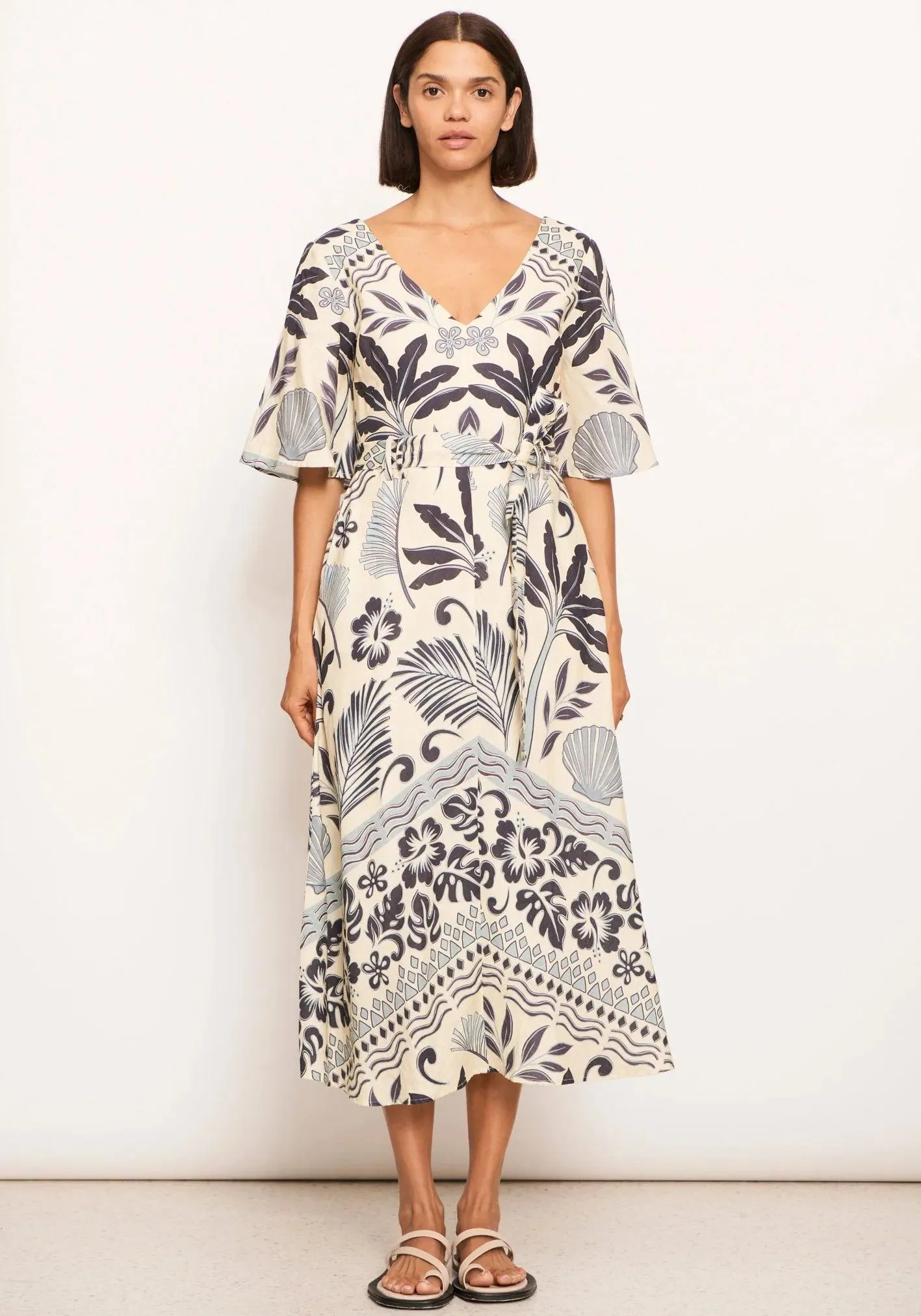 POL Clothing Paradise Bias Dress in Paradise Palm Print