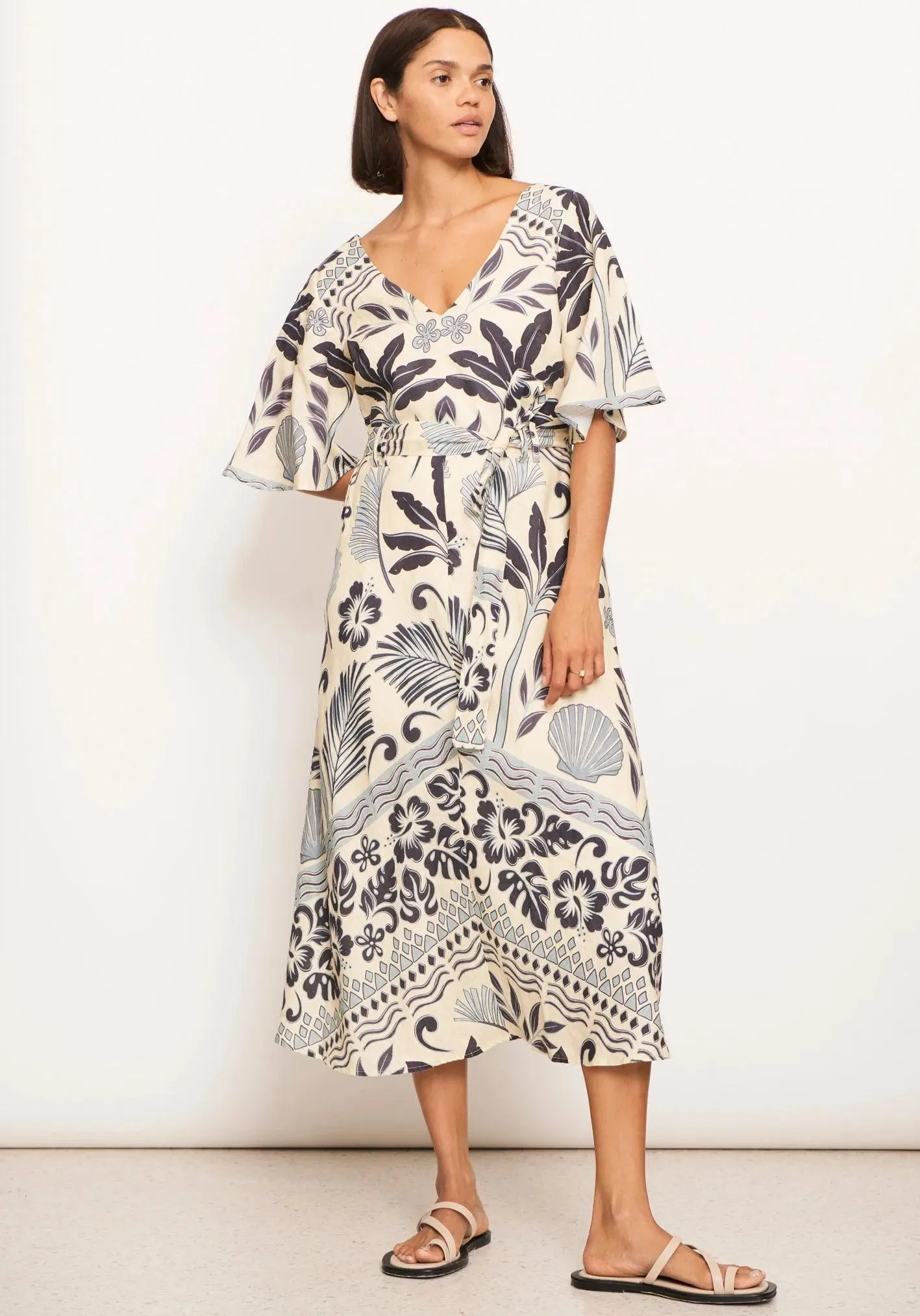 POL Clothing Paradise Bias Dress in Paradise Palm Print