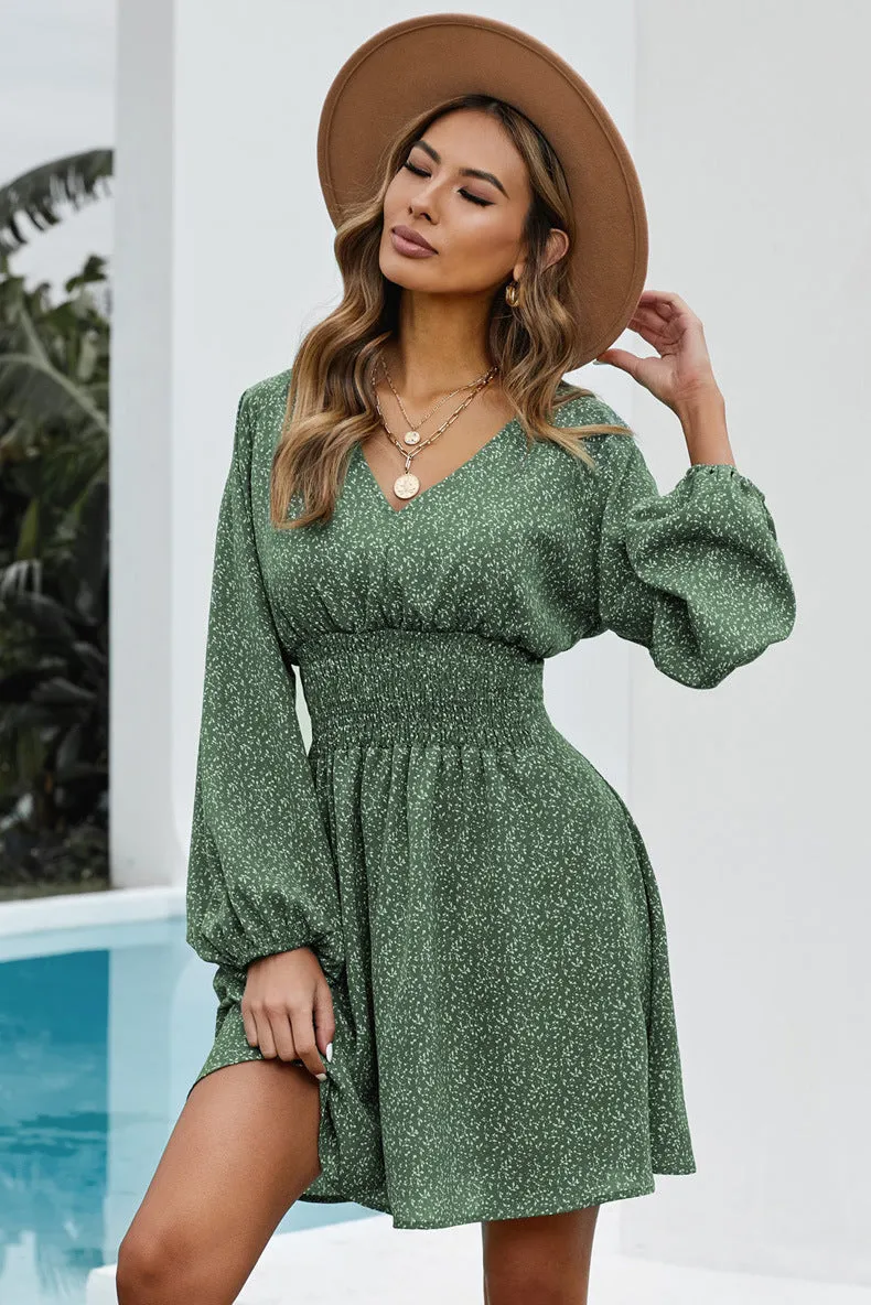 Polka Dot V-neck Long Sleeve Pleated Waist Slim Midi Dress