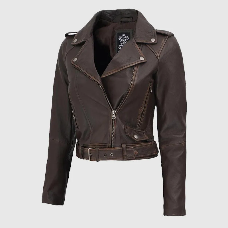 Premium Quality Nellie Women Leather Brown Distressed Cropped Jacket