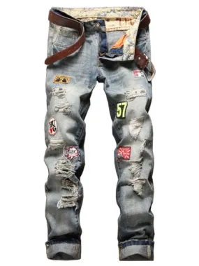 Printed Men's Vogue Jeans Zipper Hole Worn Straight Badge